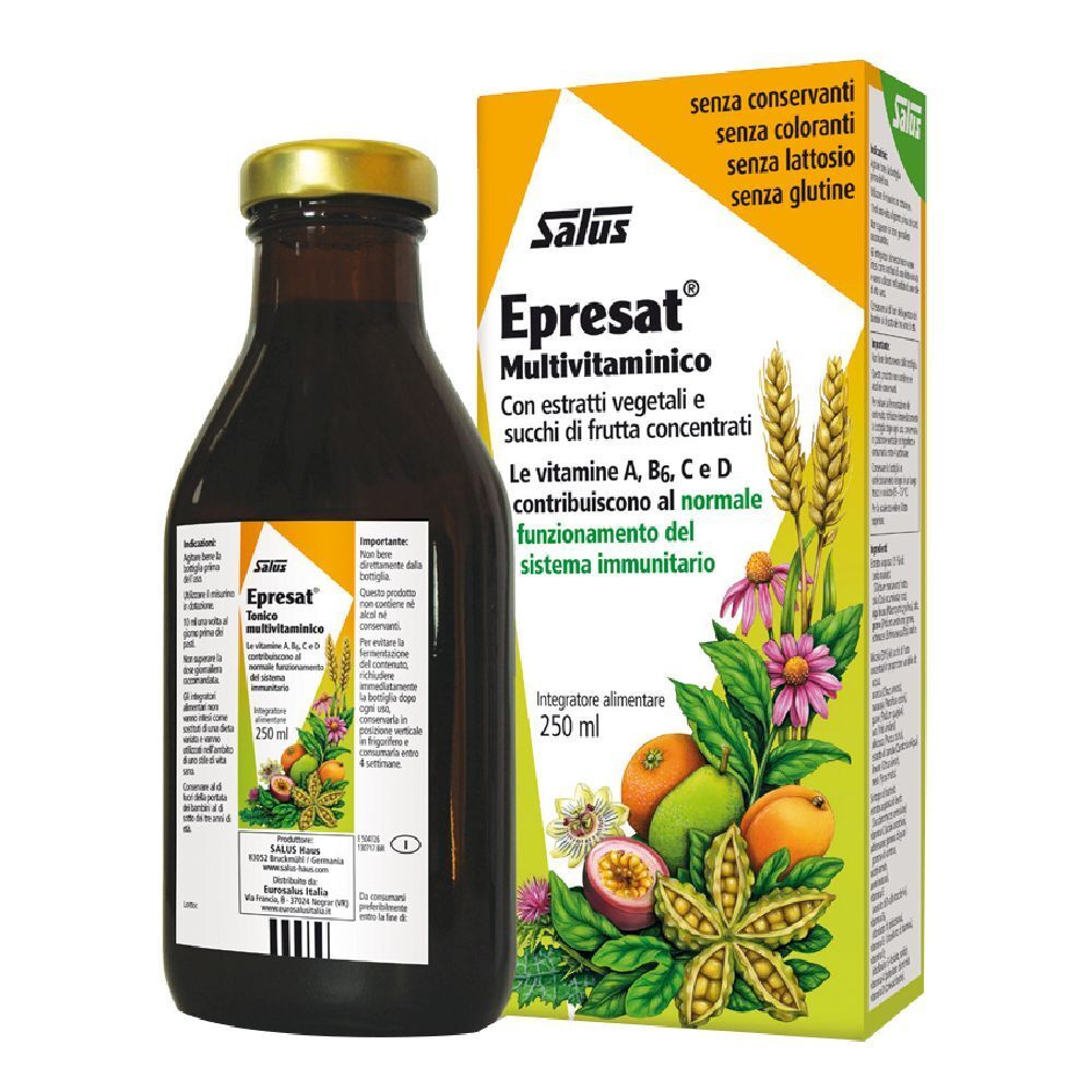 Bottiglia di vetro marrone e scatola Salus Epresat Multivitaminico. Scritte: vitamine, estratti di frutta e piante.