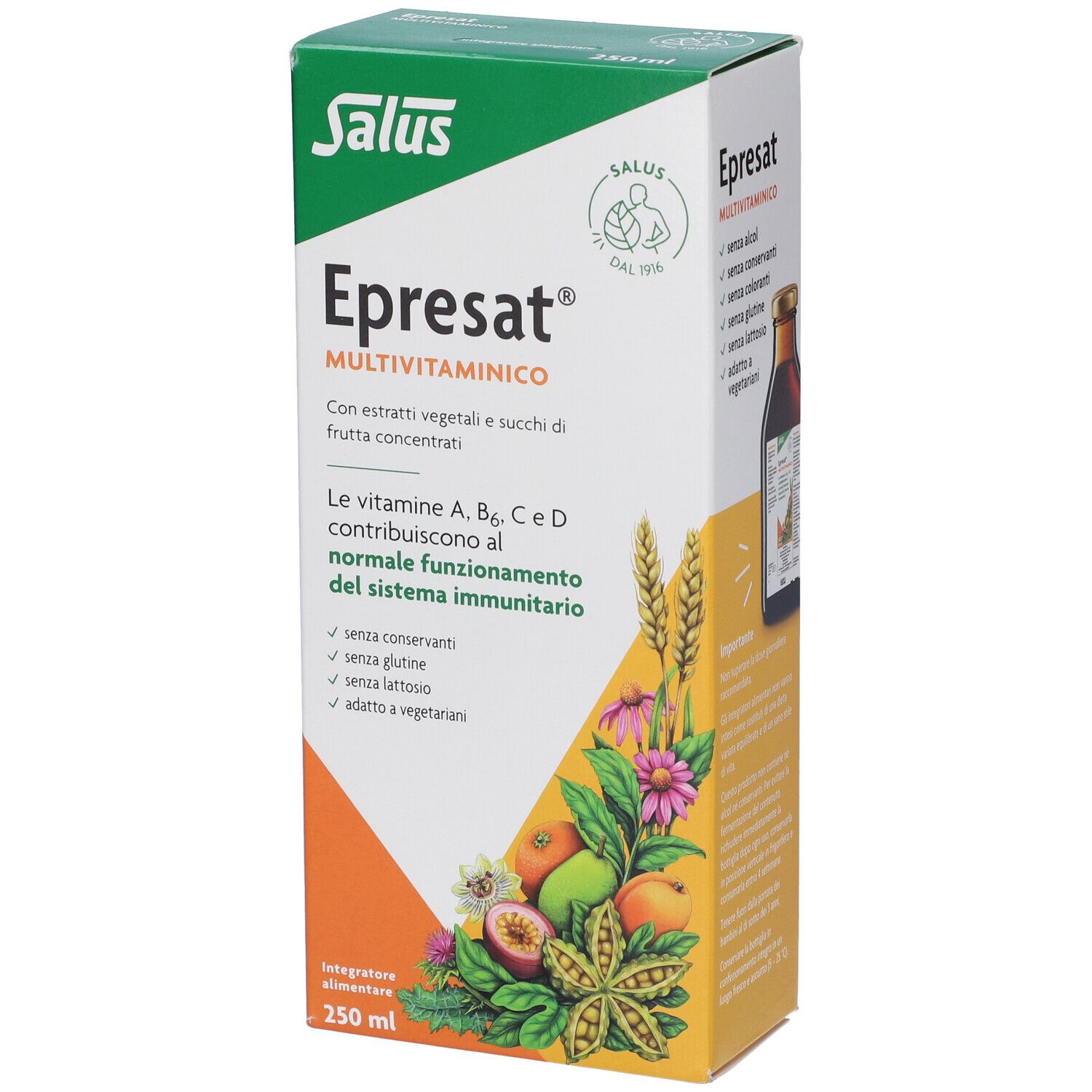 Scatola bianca Salus Epresat Multivitaminico. Scritte: vitamine, estratti di frutta e piante, 250 ml.