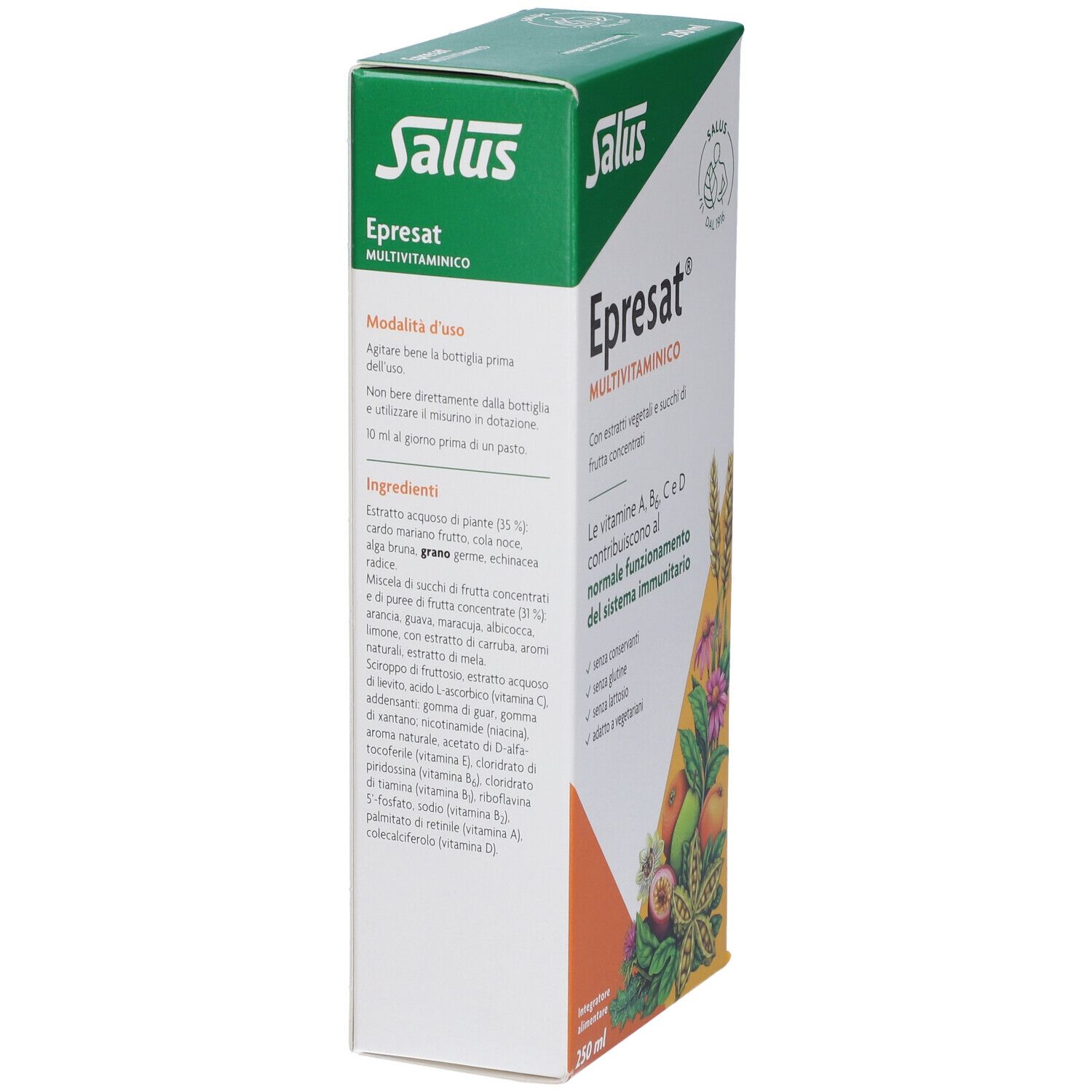 Scatola bianca Salus Epresat Multivitaminico. Retro con ingredienti e informazioni nutrizionali, 250 ml.