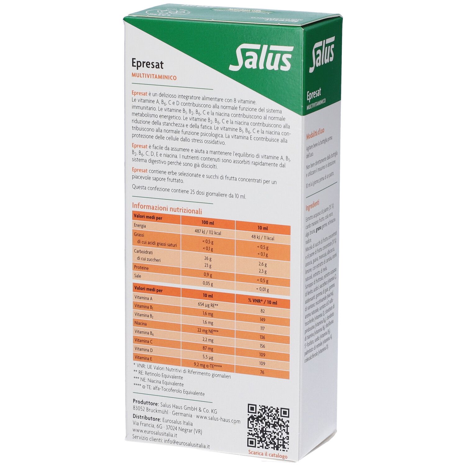 Scatola bianca Salus Epresat Multivitaminico. Retro con informazioni nutrizionali, 250 ml.