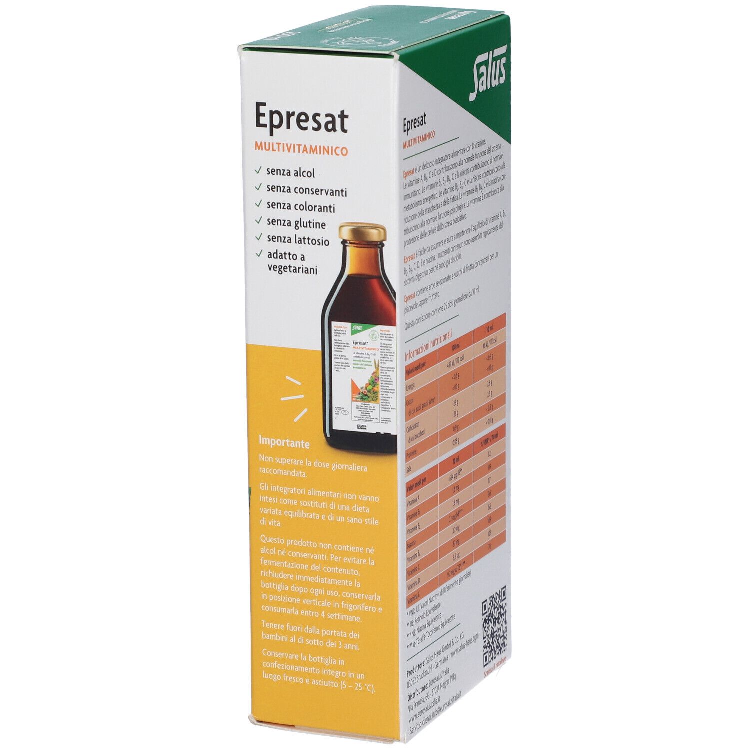 Scatola bianca Salus Epresat Multivitaminico. Retro con testo e informazioni nutrizionali, 250 ml.
