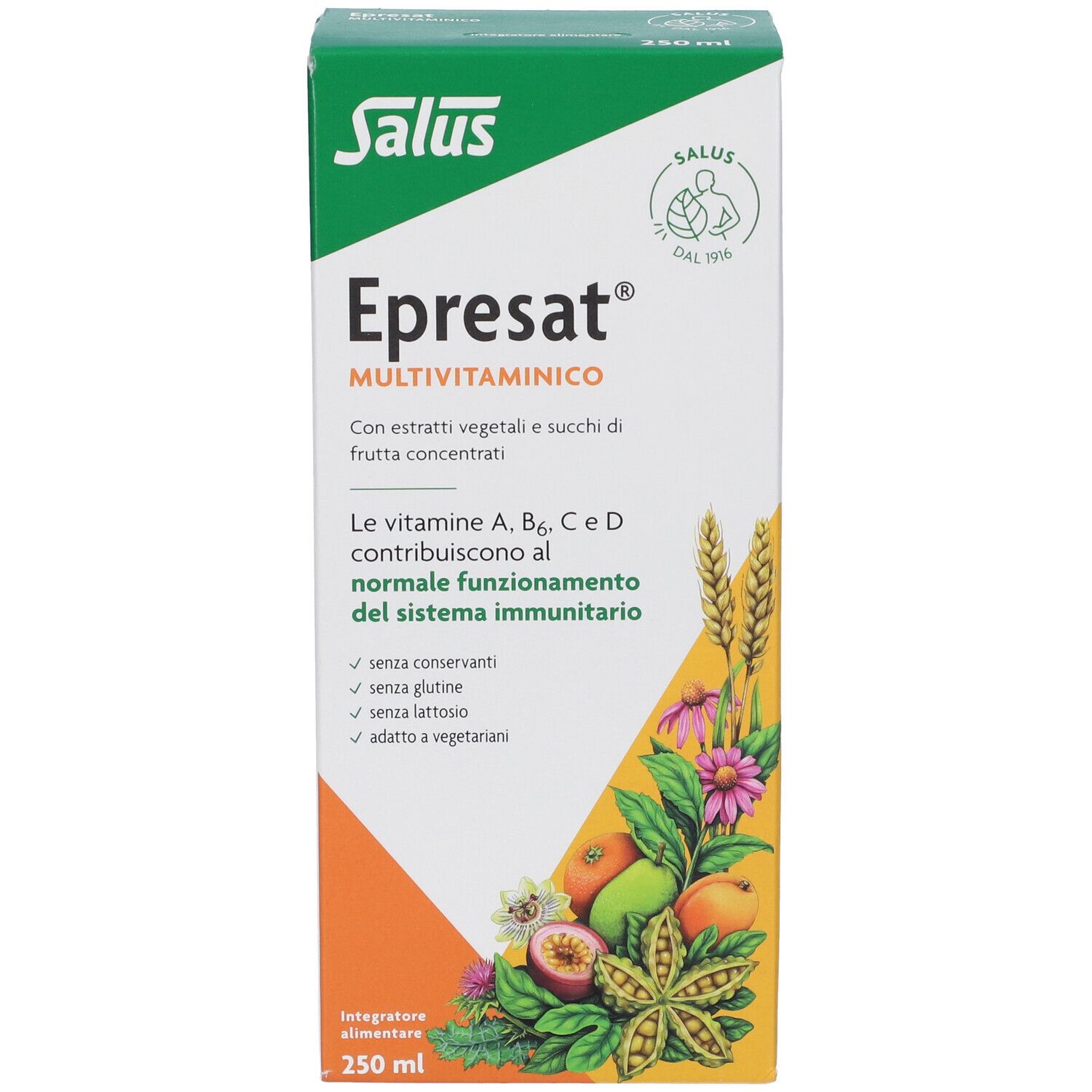 Scatola bianca Salus Epresat Multivitaminico. Fronte con informazioni sul prodotto, 250 ml.