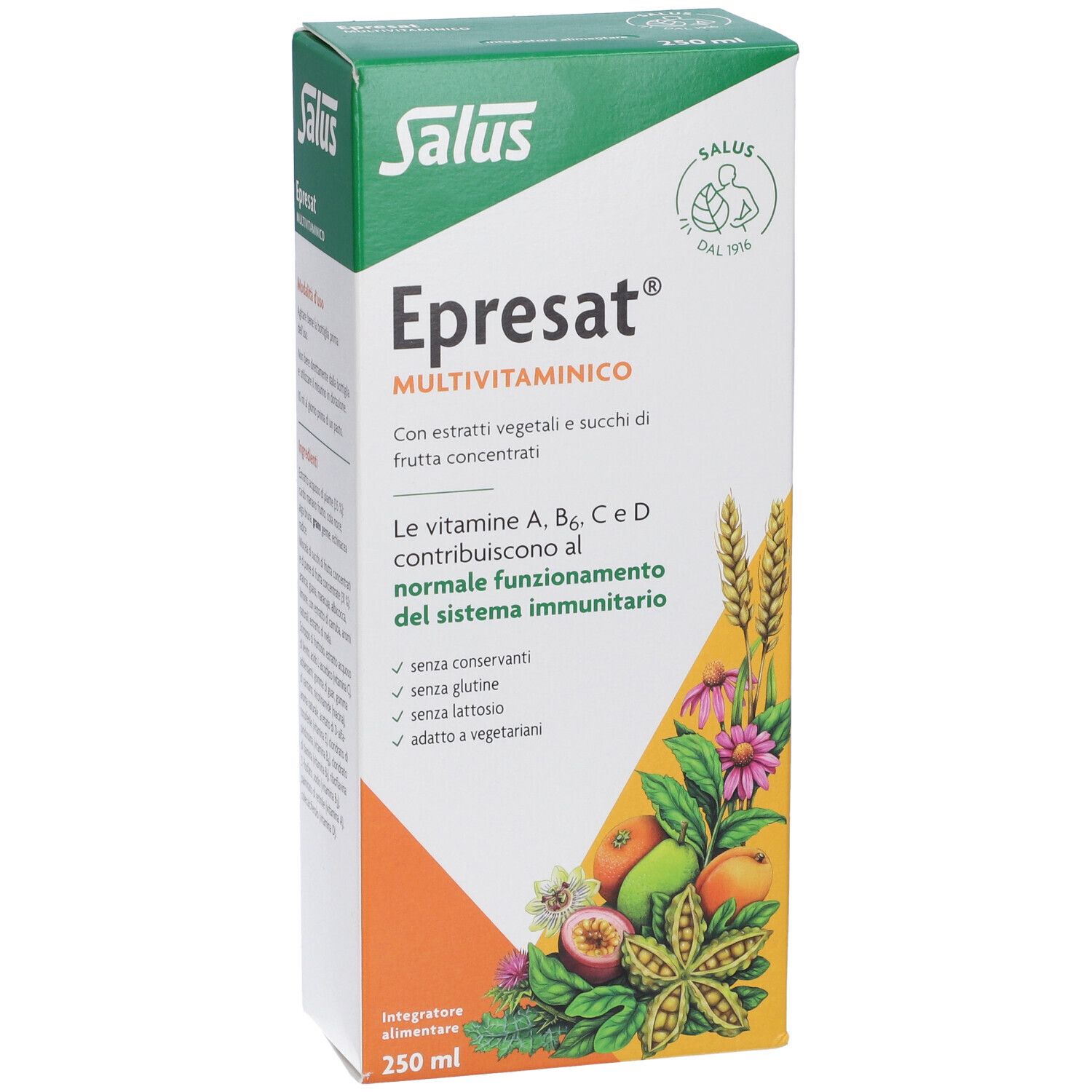 Scatola bianca Salus Epresat Multivitaminico. Fronte con informazioni sul prodotto, 250 ml.