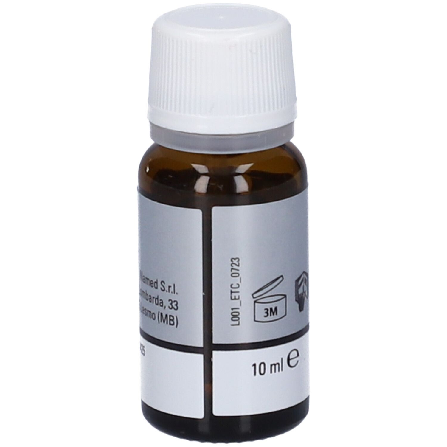 Rückseite einer braunen Glasflasche mit weißem Schraubverschluss, Etikett mit Herstellerdetails und 10 ml Angabe.