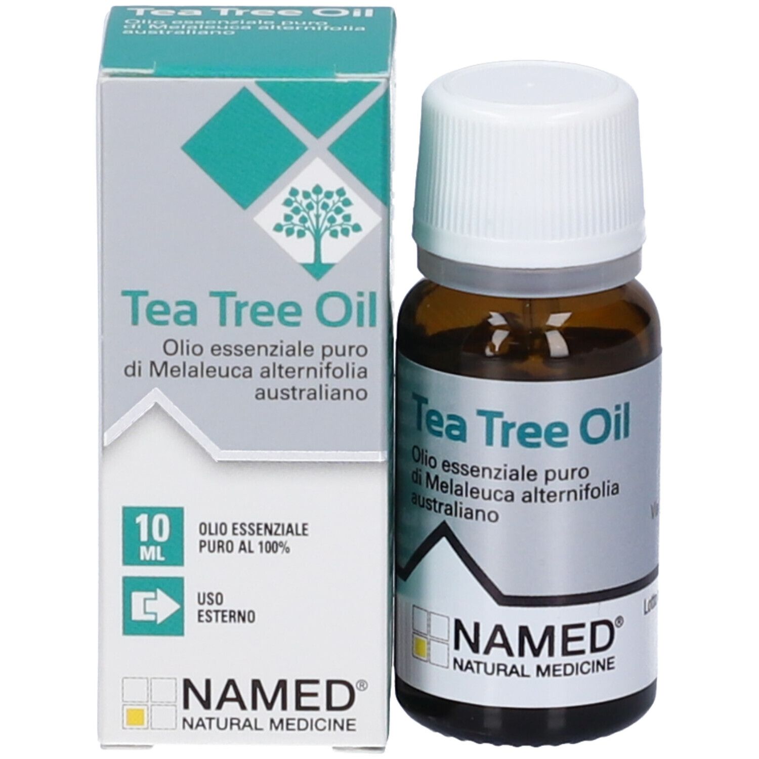 Verpackung und Flasche „Tea Tree Oil“: Flasche mit weißem Schraubverschluss, Karton mit Baum-Symbol und 10 ml Angabe.