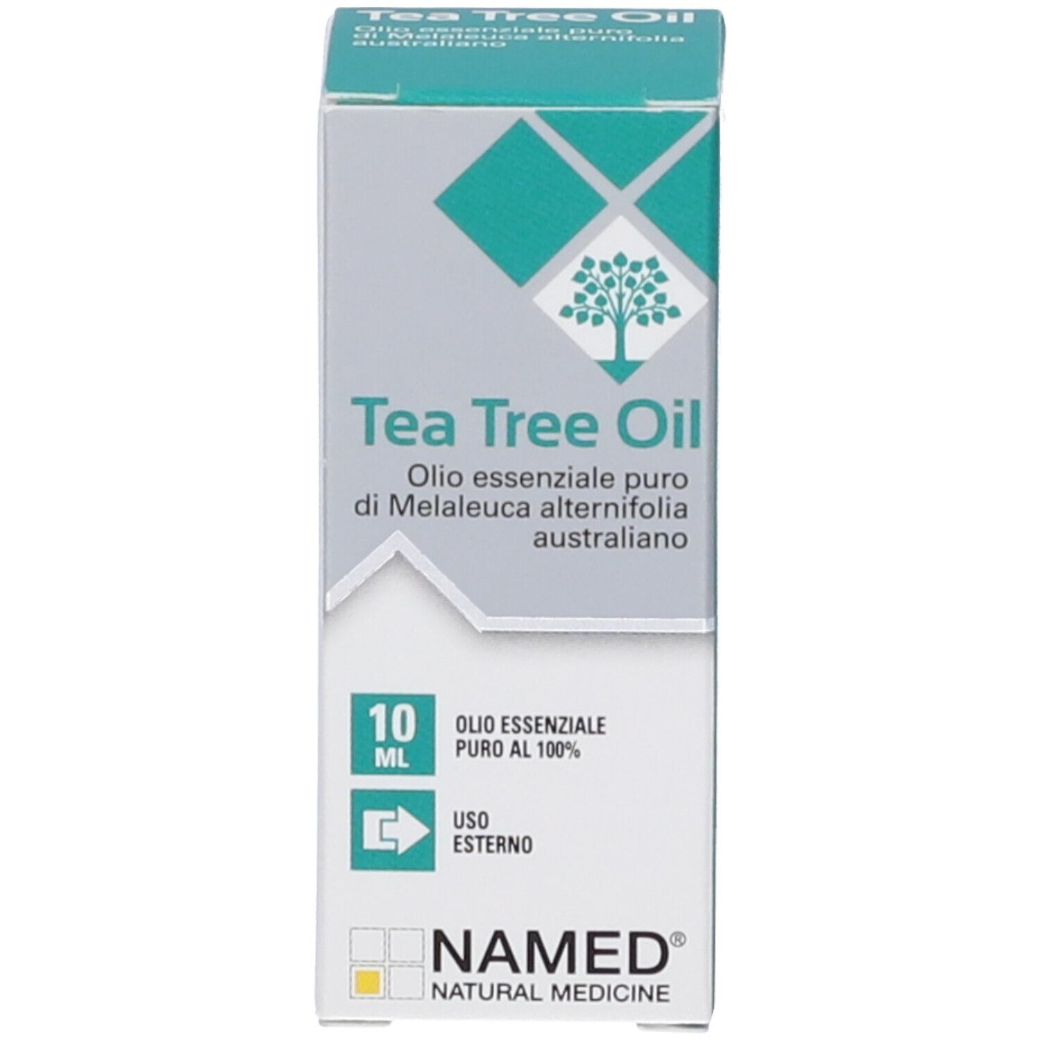 Kartonverpackung für „Tea Tree Oil“ mit Baum-Symbol, 10 ml Angabe und Anwendungshinweis „USO ESTERNO“.