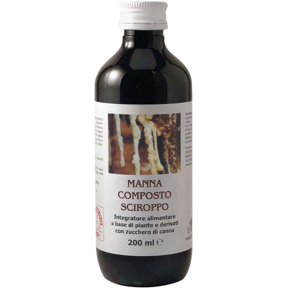 Bottiglia di vetro marrone con tappo bianco. L'etichetta riporta "MANNA COMPOSTO SCIROPPO" e "200 ml e".