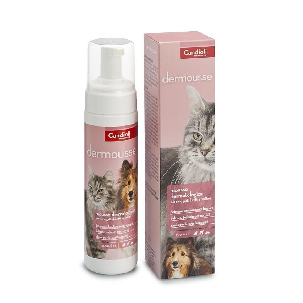 Confezione e flacone rosa. Scritta: dermousse. Immagine di un gatto e di un cane. Informazioni sul prodotto.