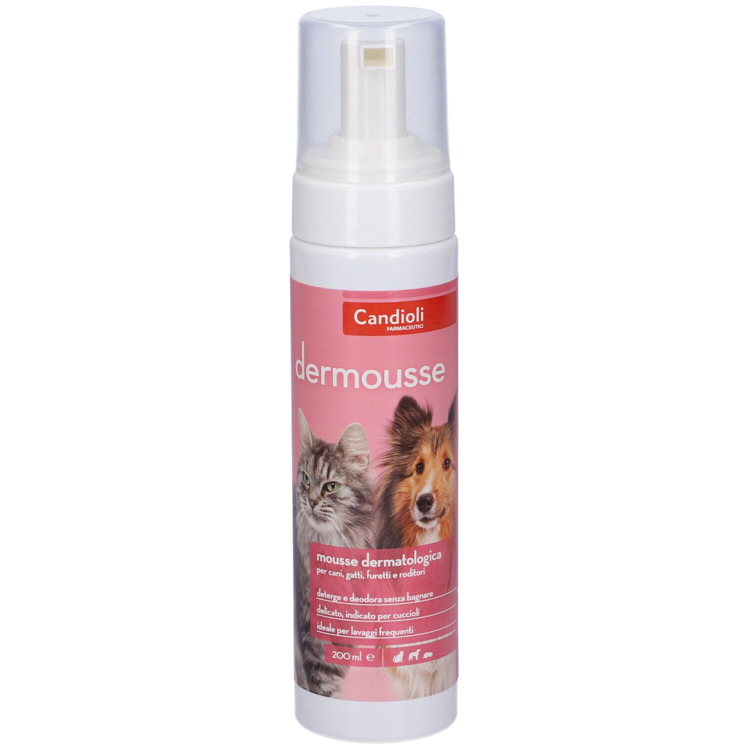 Flacone bianco con etichetta rosa. Scritta: dermousse. Immagine di un gatto e di un cane. Informazioni sul prodotto.