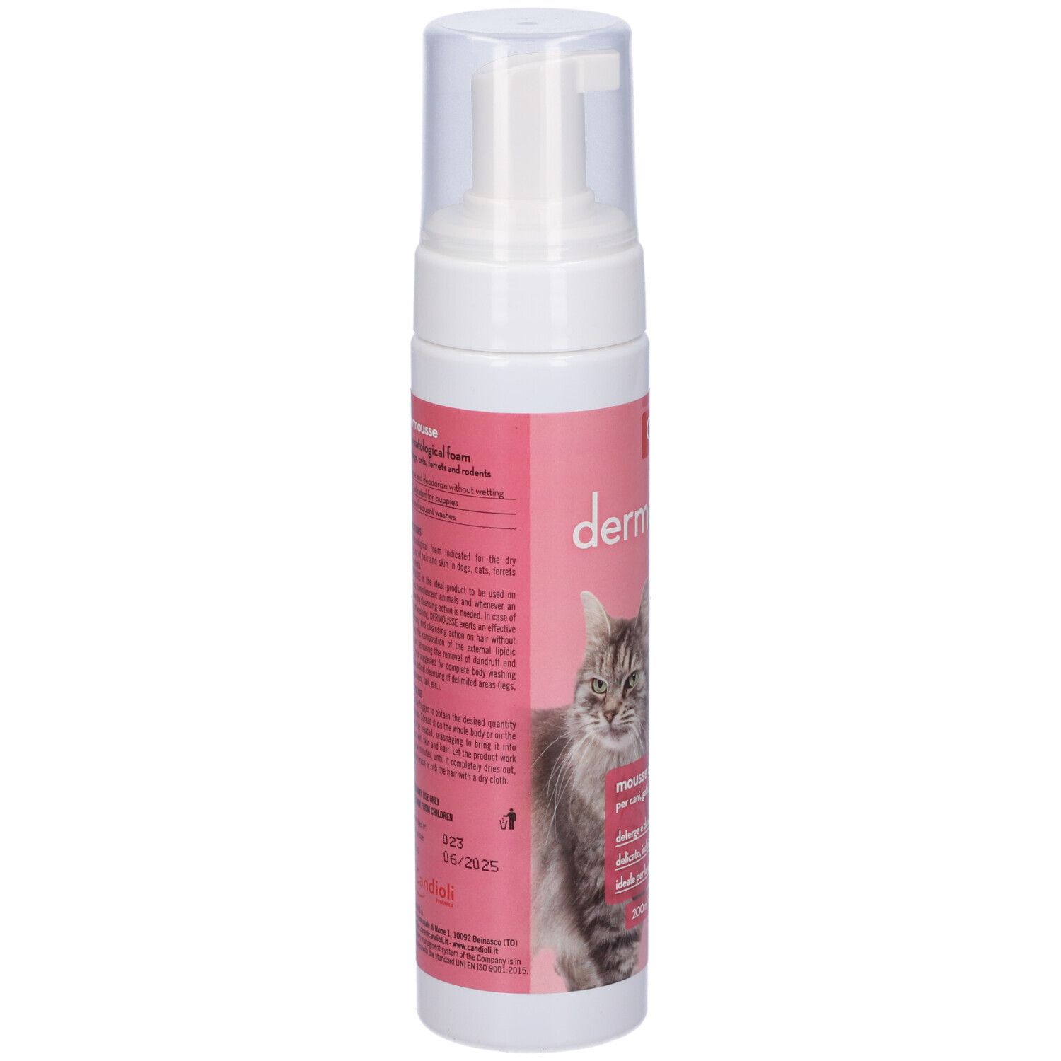 Flacone bianco con etichetta rosa. Scritta: dermousse. Retro con informazioni e testo sul prodotto.