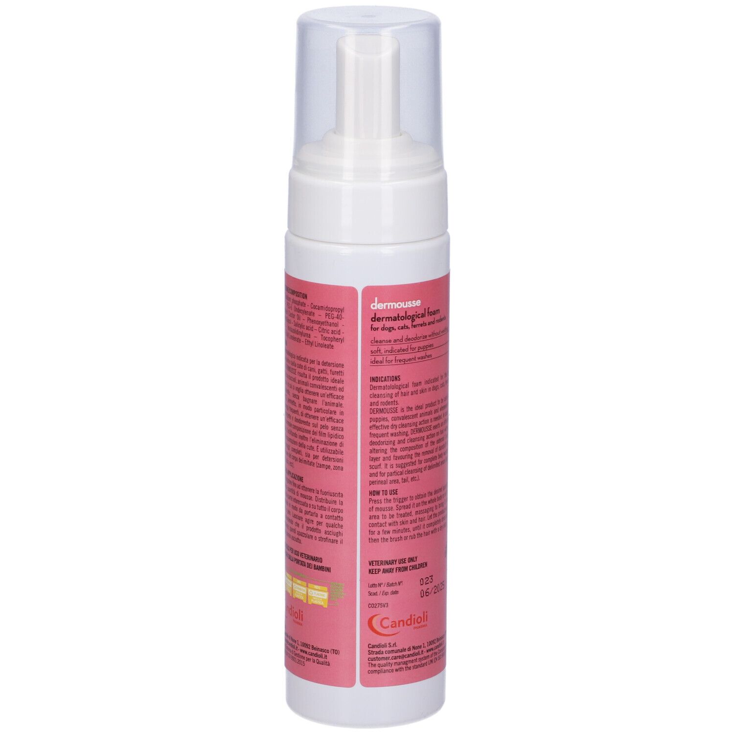 Flacone bianco con etichetta rosa. Scritta: dermousse. Retro con informazioni e testo sul prodotto.