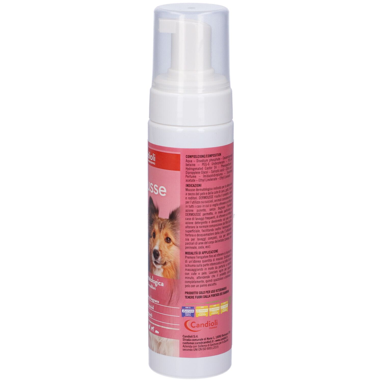 Flacone bianco con etichetta rosa. Scritta: dermousse. Retro con informazioni e testo sul prodotto.