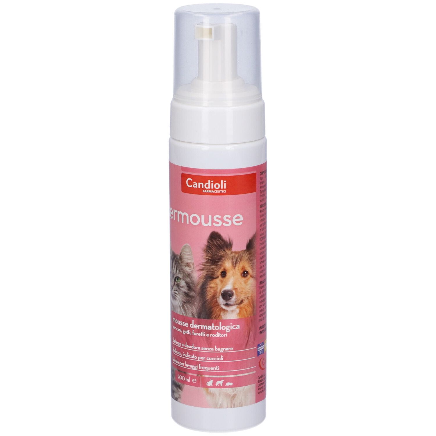 Flacone bianco con etichetta rosa. Scritta: dermousse. Retro con informazioni e testo sul prodotto.