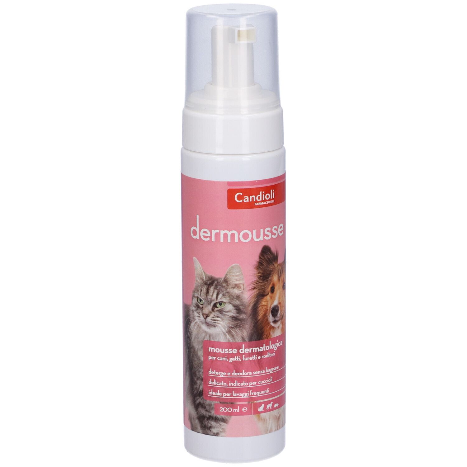 Flacone bianco con etichetta rosa. Scritta: dermousse. Immagine di un gatto e di un cane. Informazioni sul prodotto.