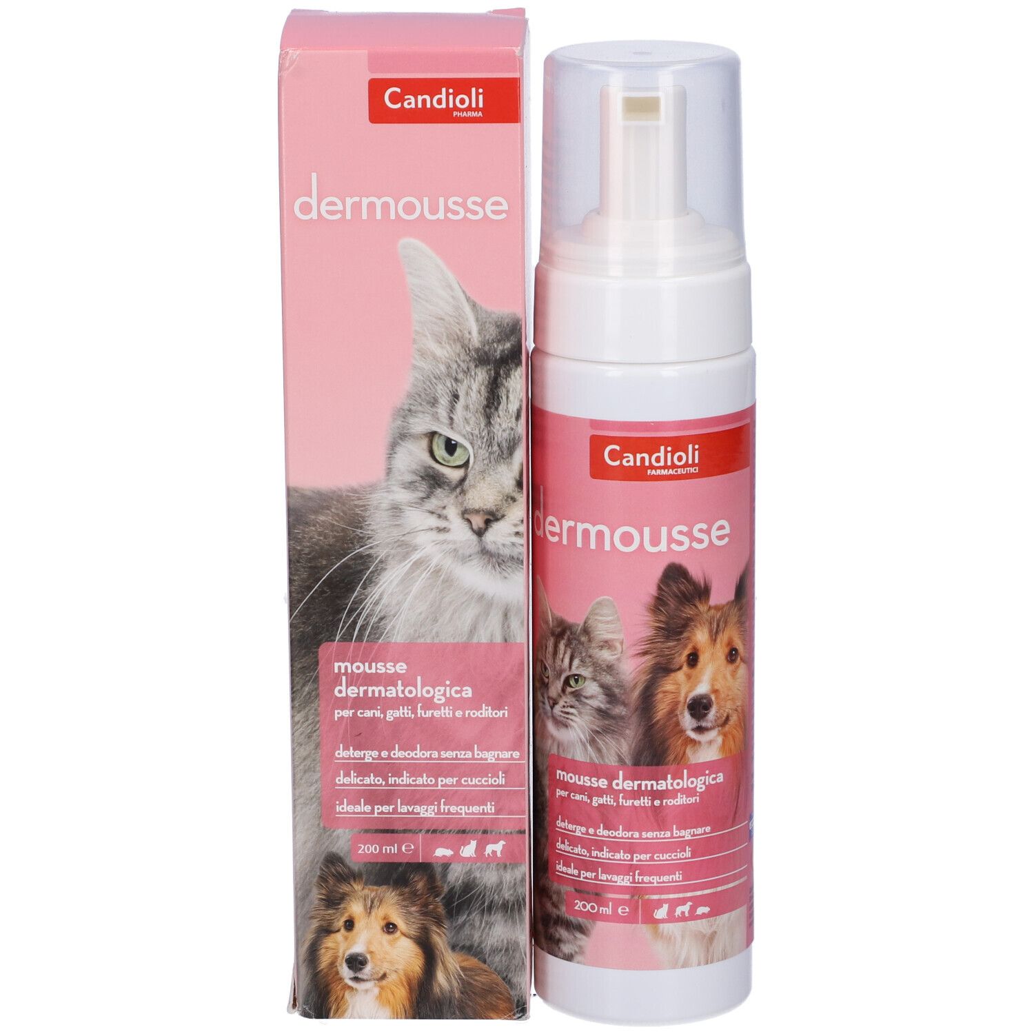 Flacone bianco e confezione rosa. Scritta: dermousse. Immagine di un gatto e di un cane. Informazioni sul prodotto.