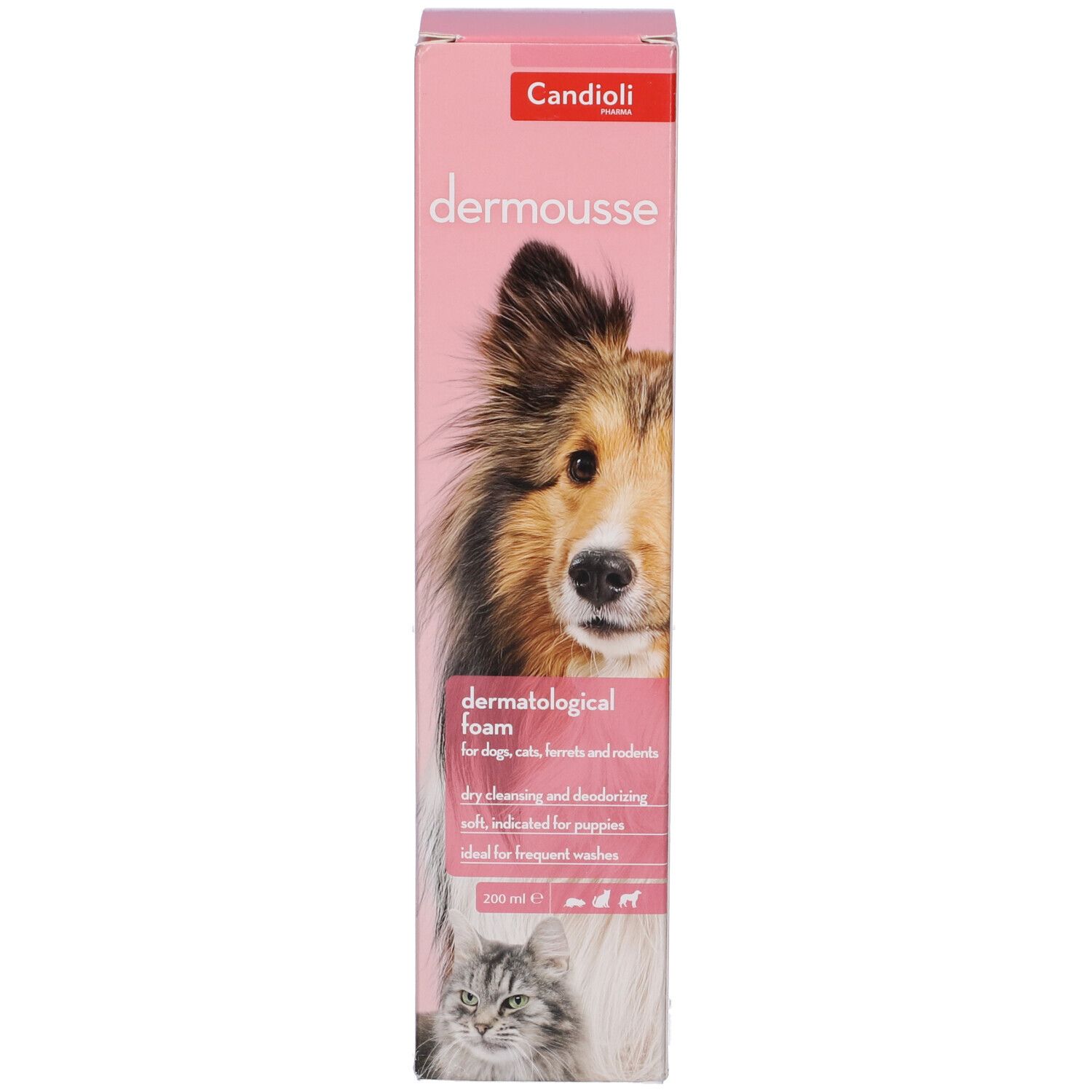 Confezione rosa. Scritta: dermousse. Immagine di un cane e di un gatto. Informazioni sul prodotto.