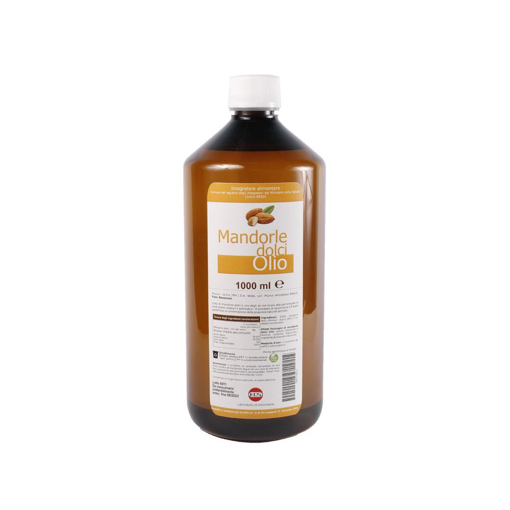 Bottiglia marrone con tappo bianco. Etichetta con nome prodotto: Mandorle dolci Olio. 1000 ml.