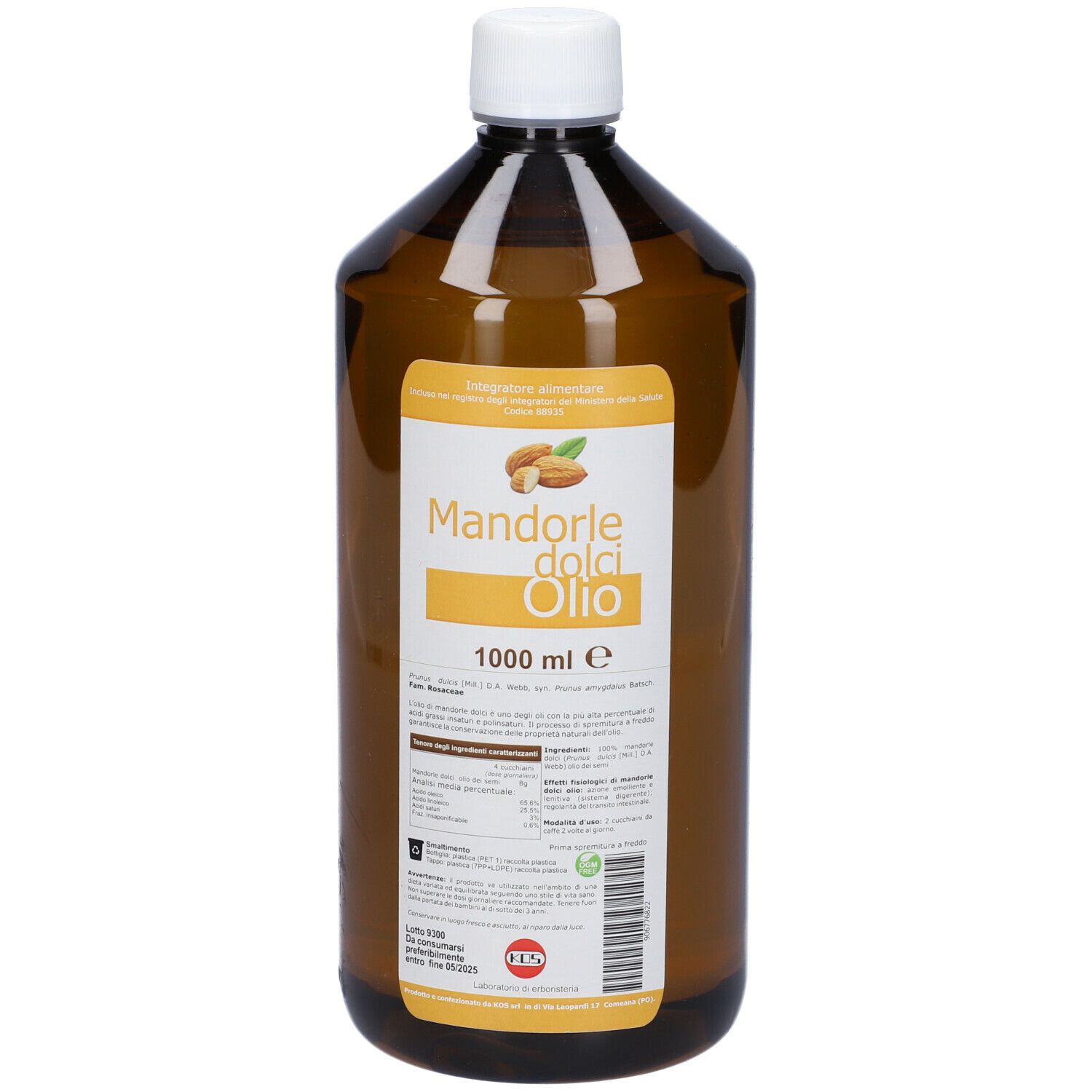 Bottiglia marrone con tappo bianco. Etichetta con nome prodotto: Mandorle dolci Olio. 1000 ml.