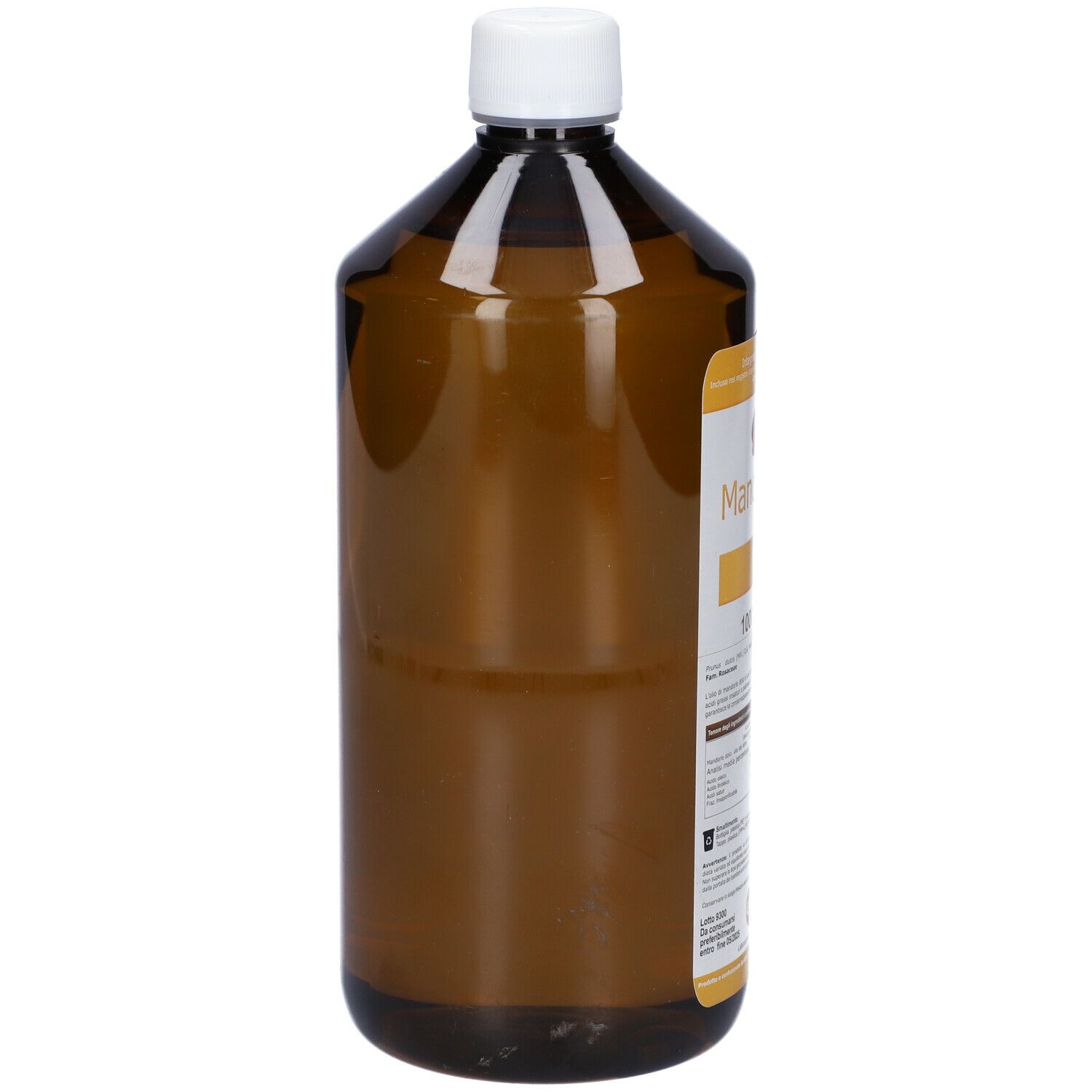 Bottiglia marrone con tappo bianco. Nome prodotto: Mandorle dolci Olio. 1000 ml.