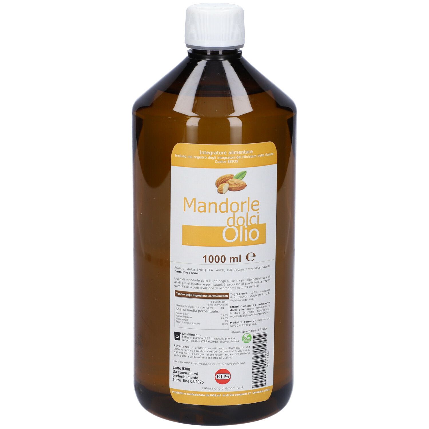Bottiglia marrone con tappo bianco. Nome prodotto: Mandorle dolci Olio. 1000 ml.
