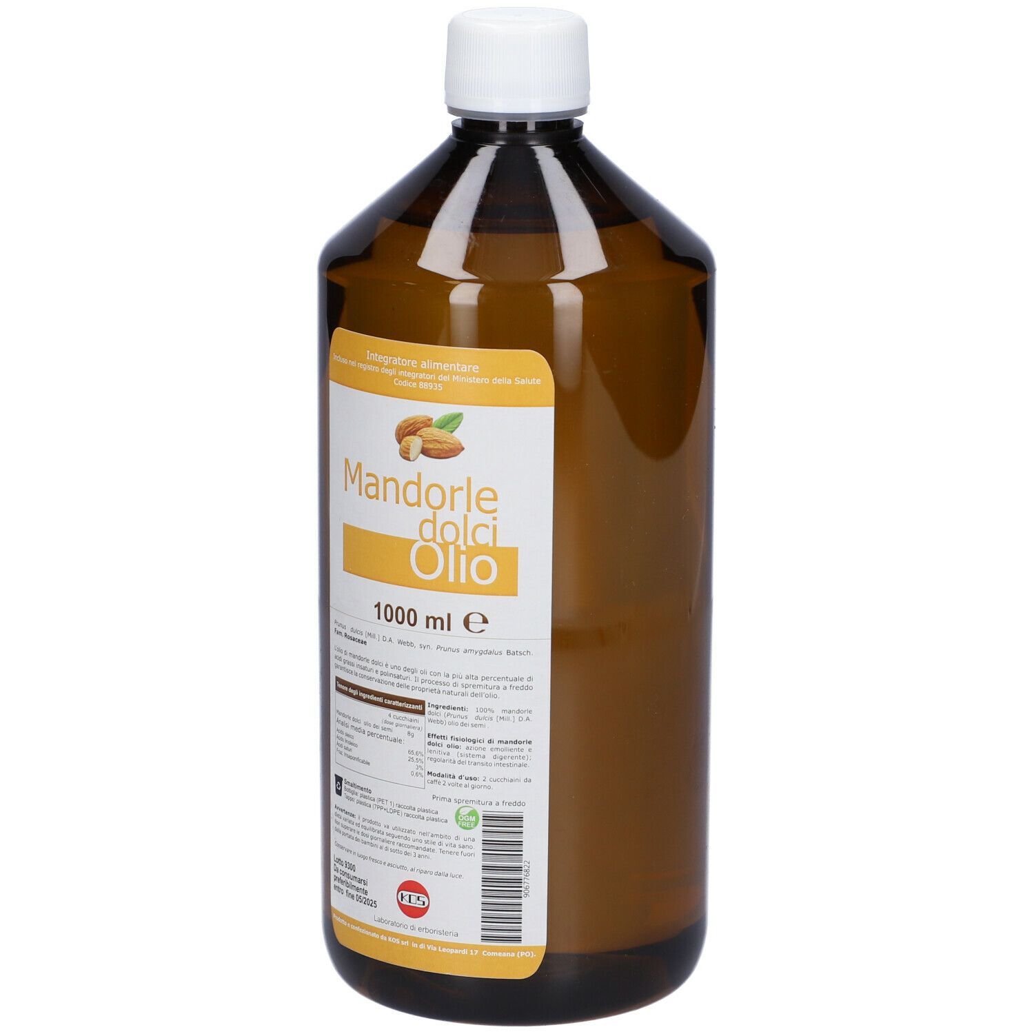 Bottiglia marrone con tappo bianco. Nome prodotto: Mandorle dolci Olio. 1000 ml.