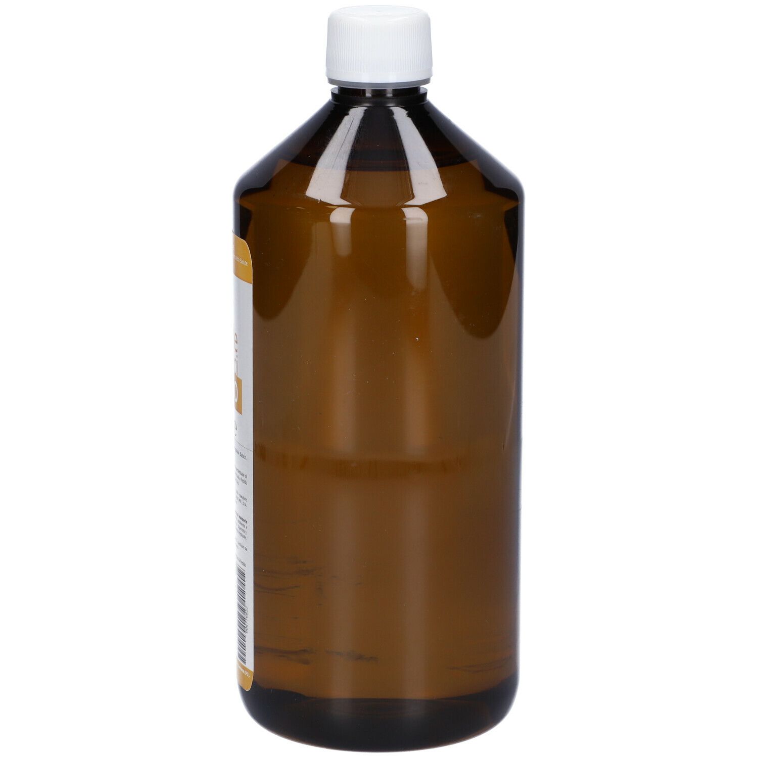 Bottiglia marrone con tappo bianco. Nome prodotto: Mandorle dolci Olio. 1000 ml.