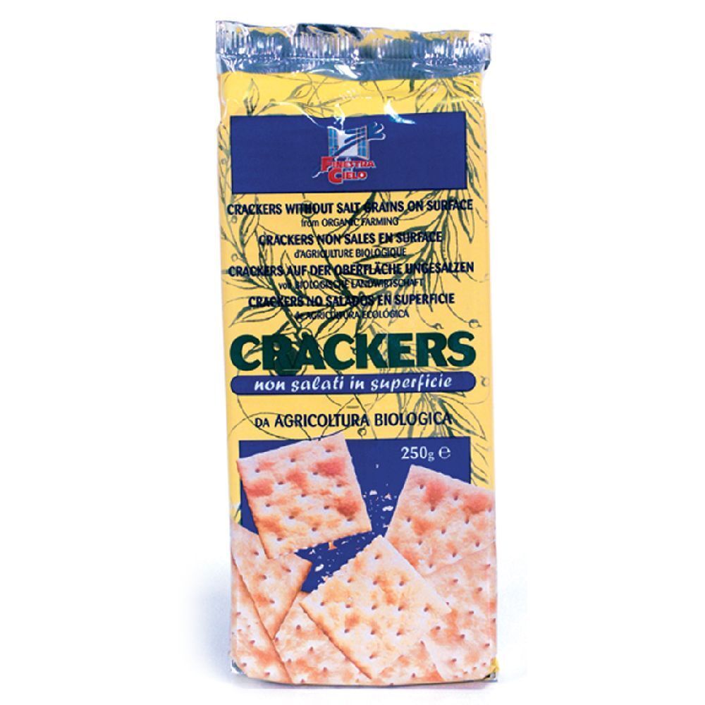 Confezione di cracker. Scritta: Crackers senza sale in superficie. 250g. Certificazione biologica.