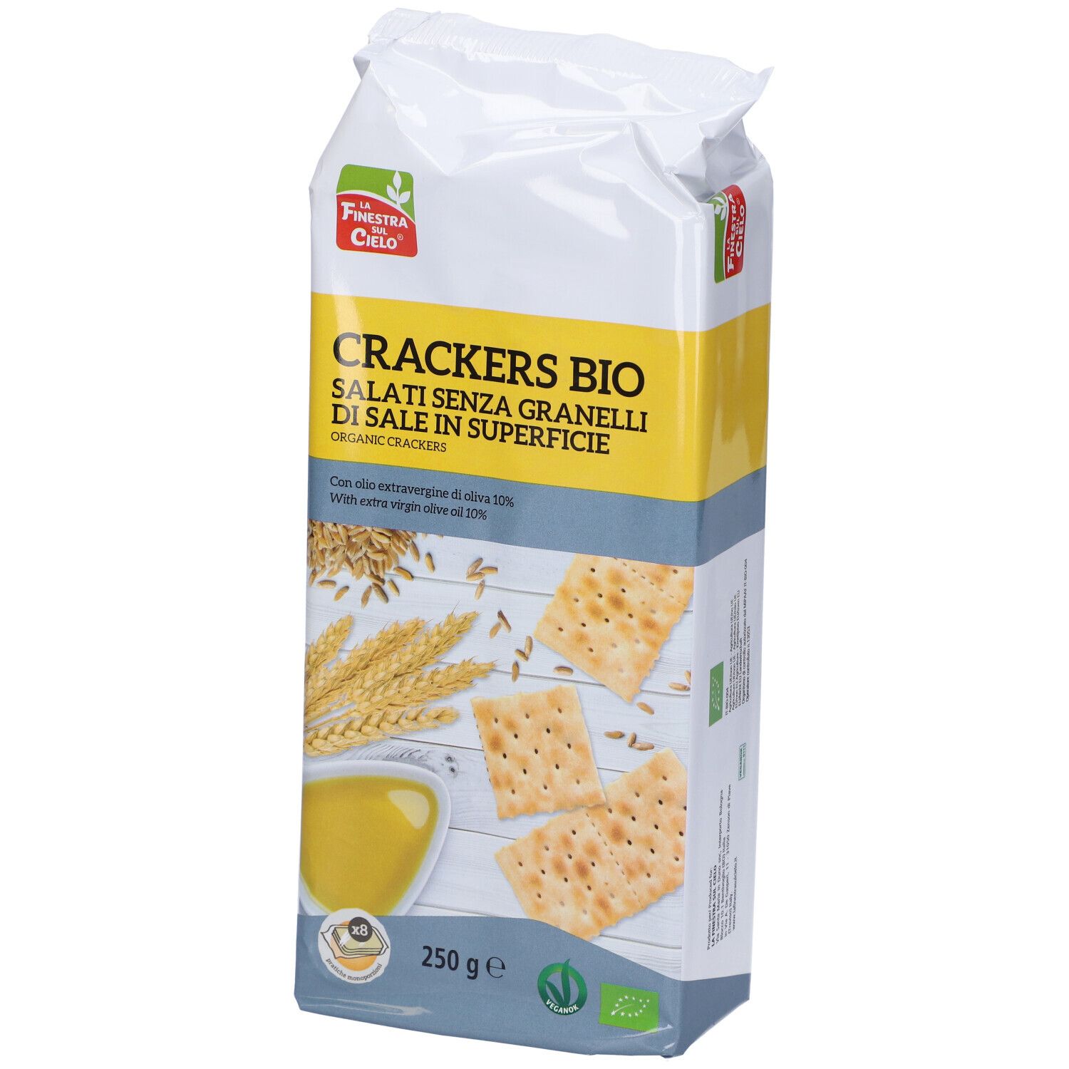 Confezione di cracker. Scritta: Cracker bio senza sale. 250g. Con olio d'oliva. Certificazione bio.