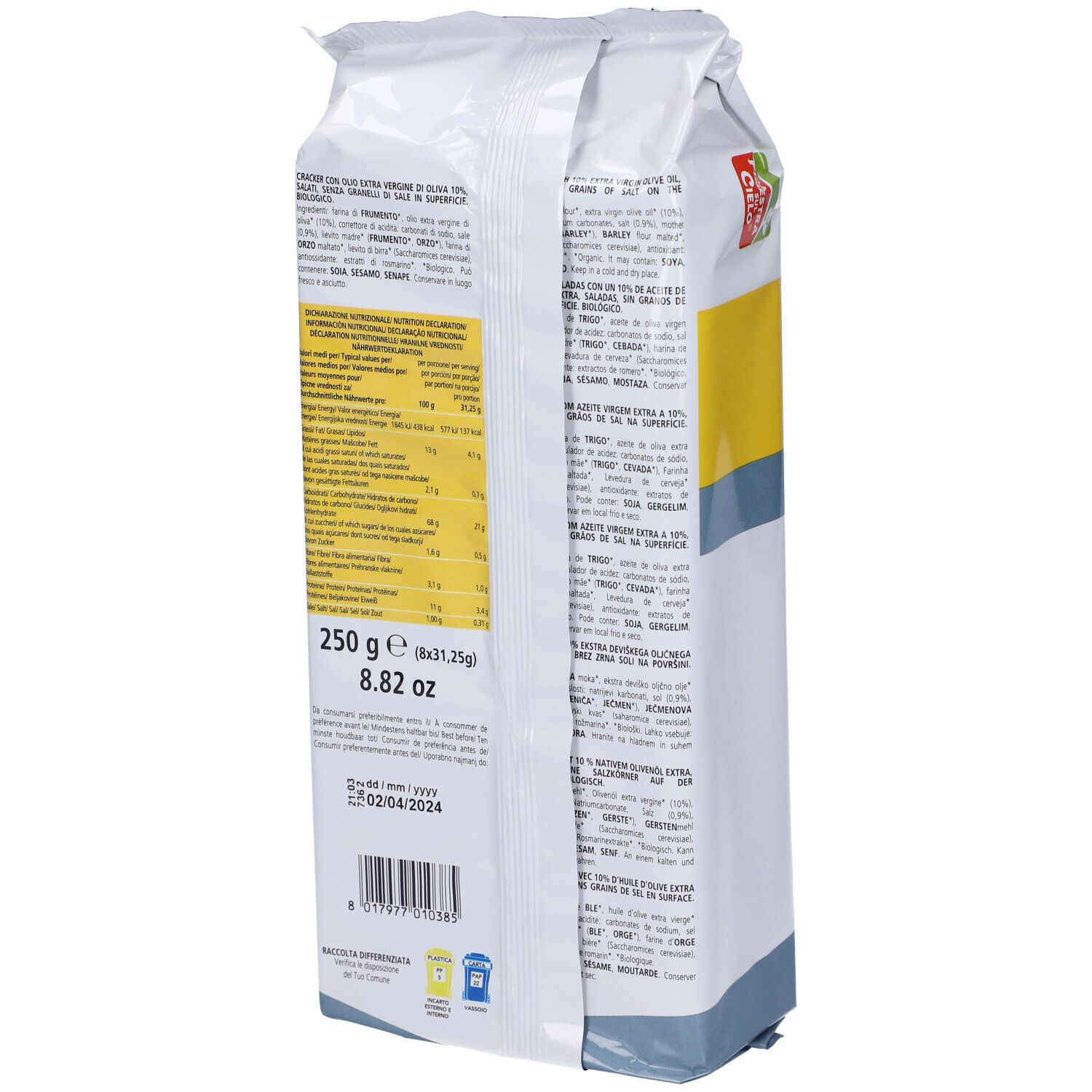 Confezione di cracker. Scritta: Cracker bio senza sale. 250g. Con olio d'oliva. Certificazione bio.