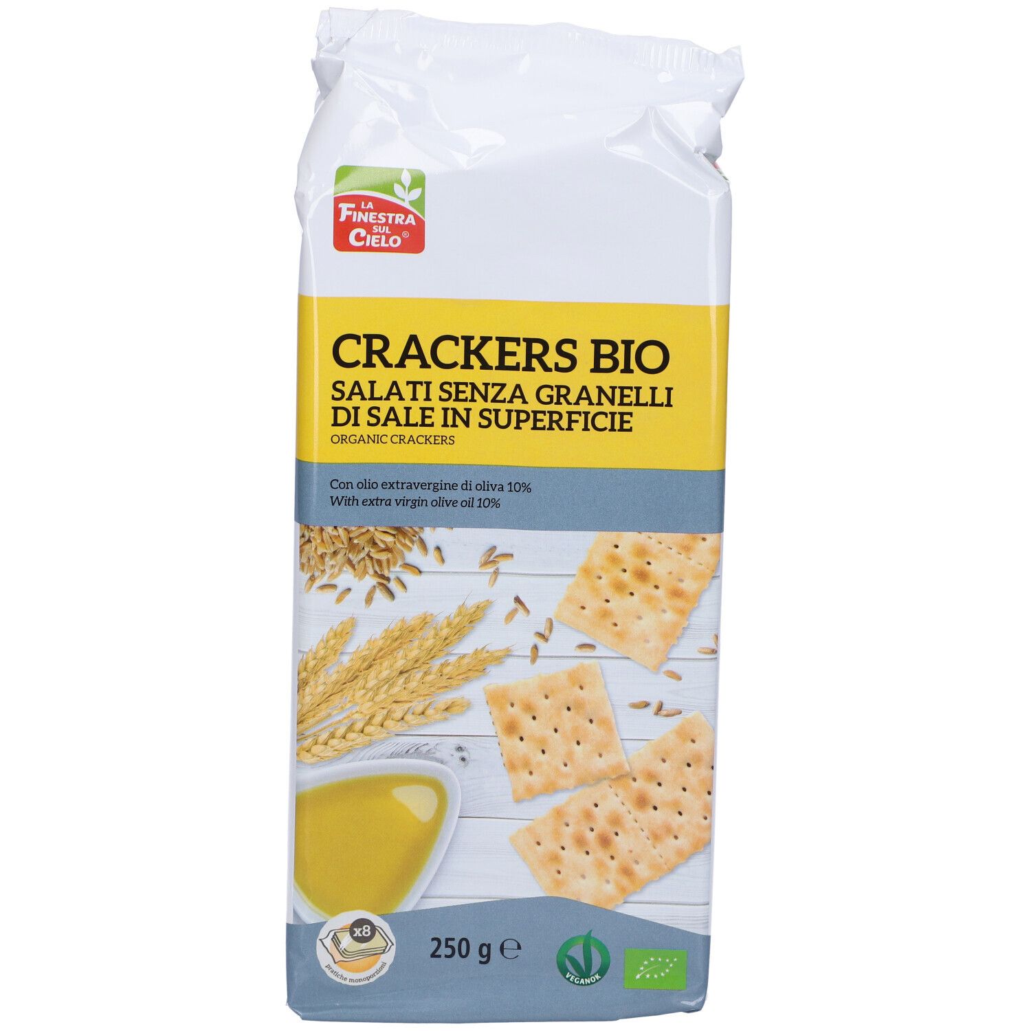 Confezione di cracker. Scritta: Cracker bio senza sale. 250g. Con olio d'oliva. Certificazione bio.
