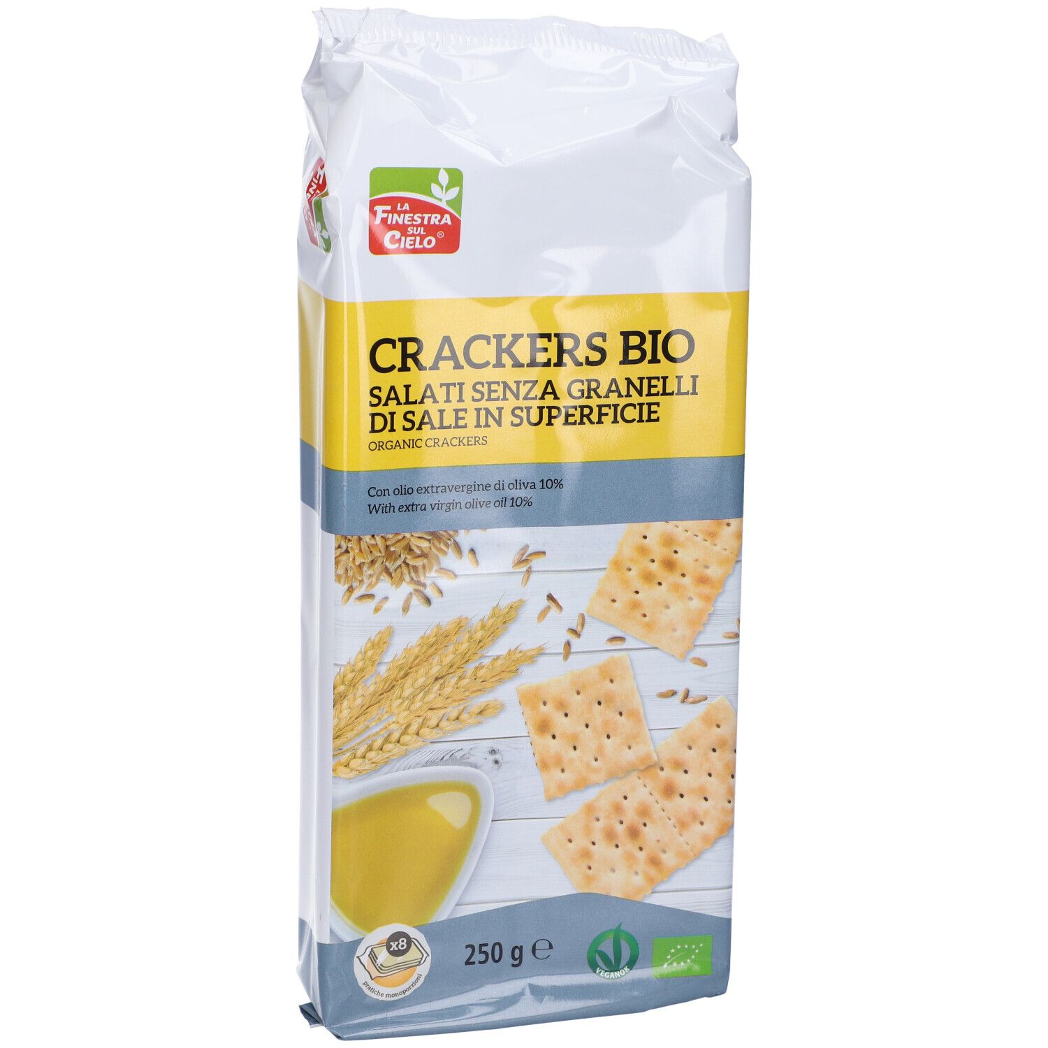 Confezione di cracker. Scritta: Cracker bio senza sale. 250g. Con olio d'oliva. Certificazione bio.