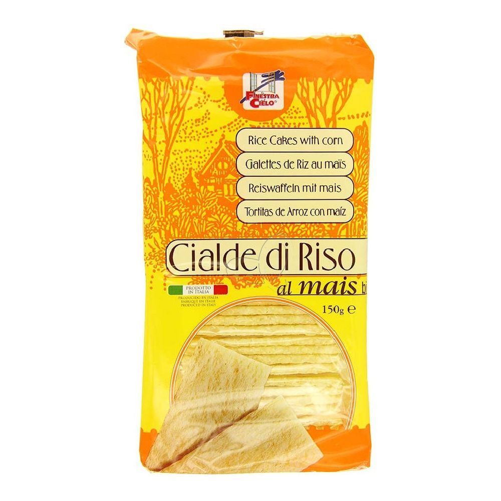 Confezione di gallette di riso. Confezione gialla con nome del prodotto e testo multilingue. 150g.