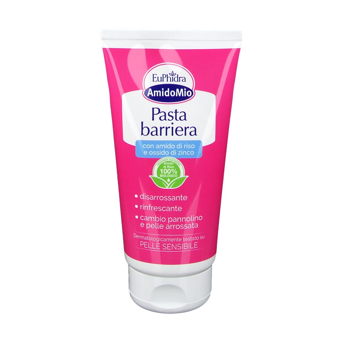 Tubo rosa con tappo bianco. Scritta: Euphidra AmidoMio Pasta barriera. Con amido di riso e ossido di zinco. Dermatologicamente testato.