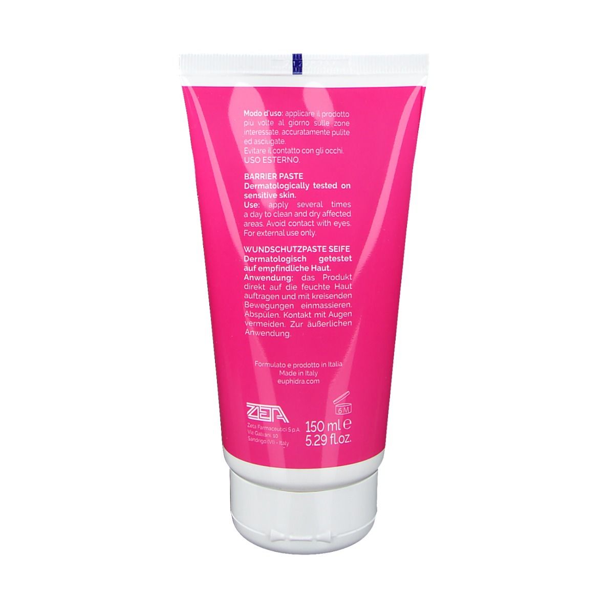 Retro di un tubo rosa. Testo: Barrier Paste. Dermatologicamente testato su pelle sensibile. Istruzioni in più lingue.