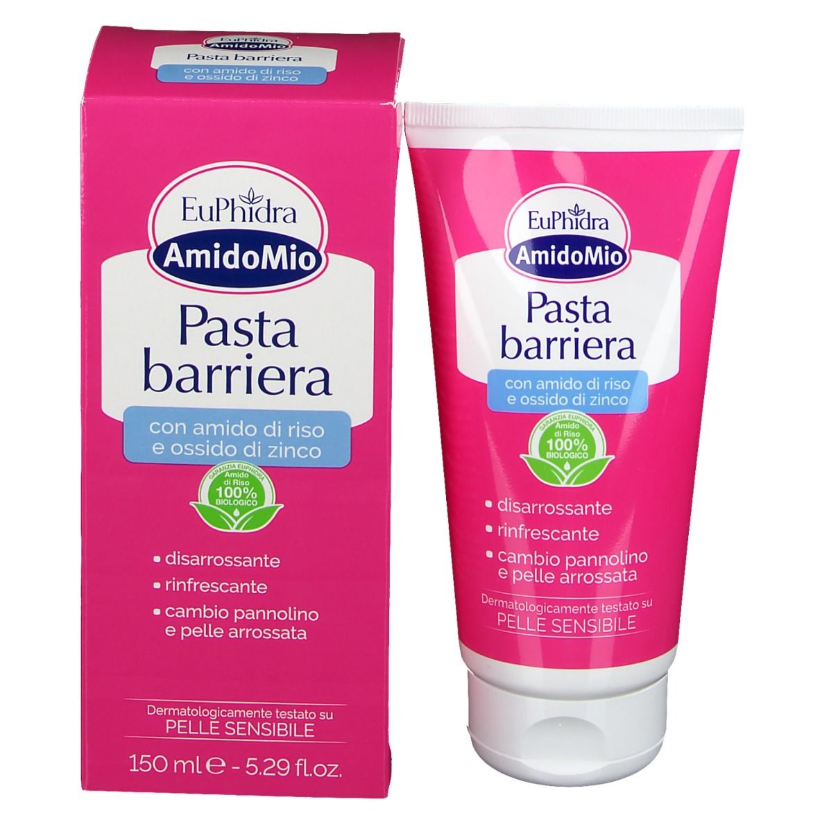 Confezione del prodotto. Scatola e tubo rosa. Scritta: Euphidra AmidoMio Pasta barriera. Con amido di riso e ossido di zinco. 100% biologico.
