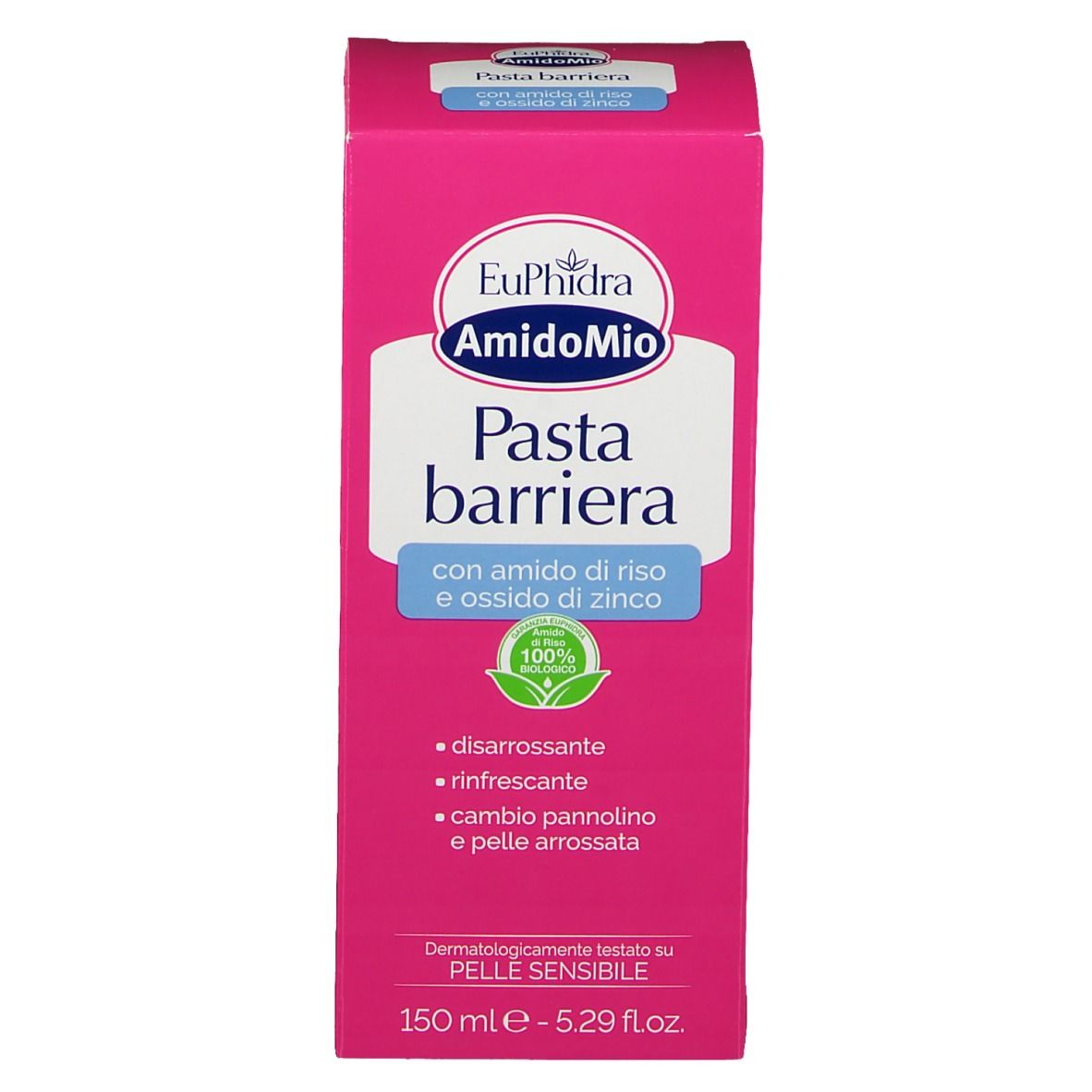 Scatola rosa. Scritta: Euphidra AmidoMio Pasta barriera. Con amido di riso e ossido di zinco. 100% biologico. 150 ml.