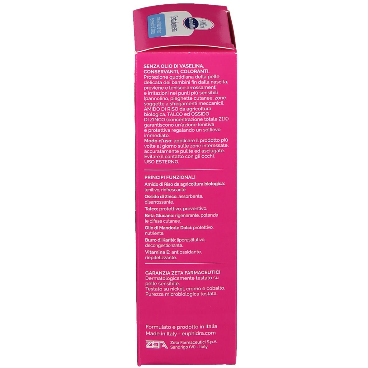 Retro di una scatola rosa. Testo: Senza vaselina, conservanti, coloranti. Ingredienti e istruzioni per l'uso.