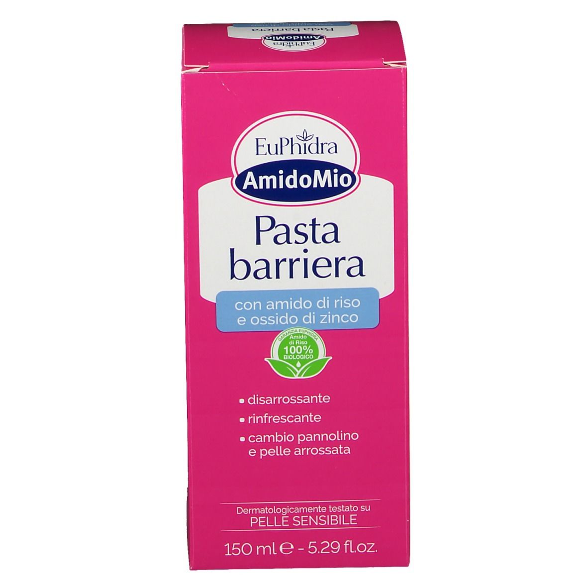 Scatola rosa. Scritta: Euphidra AmidoMio Pasta barriera. Con amido di riso e ossido di zinco. 100% biologico. 150 ml.