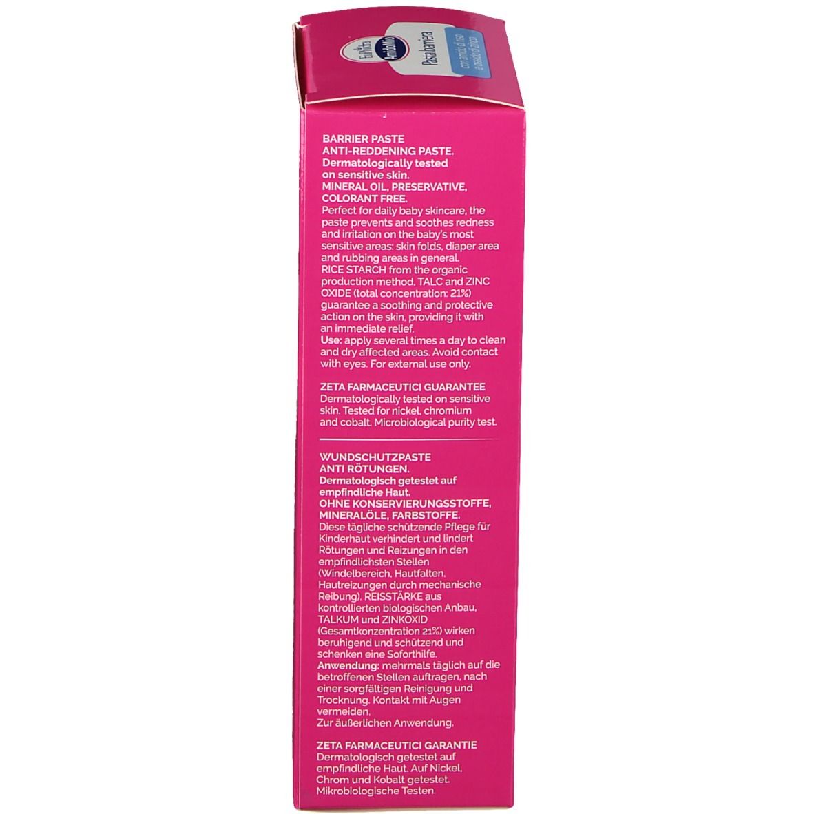 Retro di una scatola rosa. Testo: Barrier Paste. Senza conservanti, oli minerali, coloranti. Dermatologicamente testato.