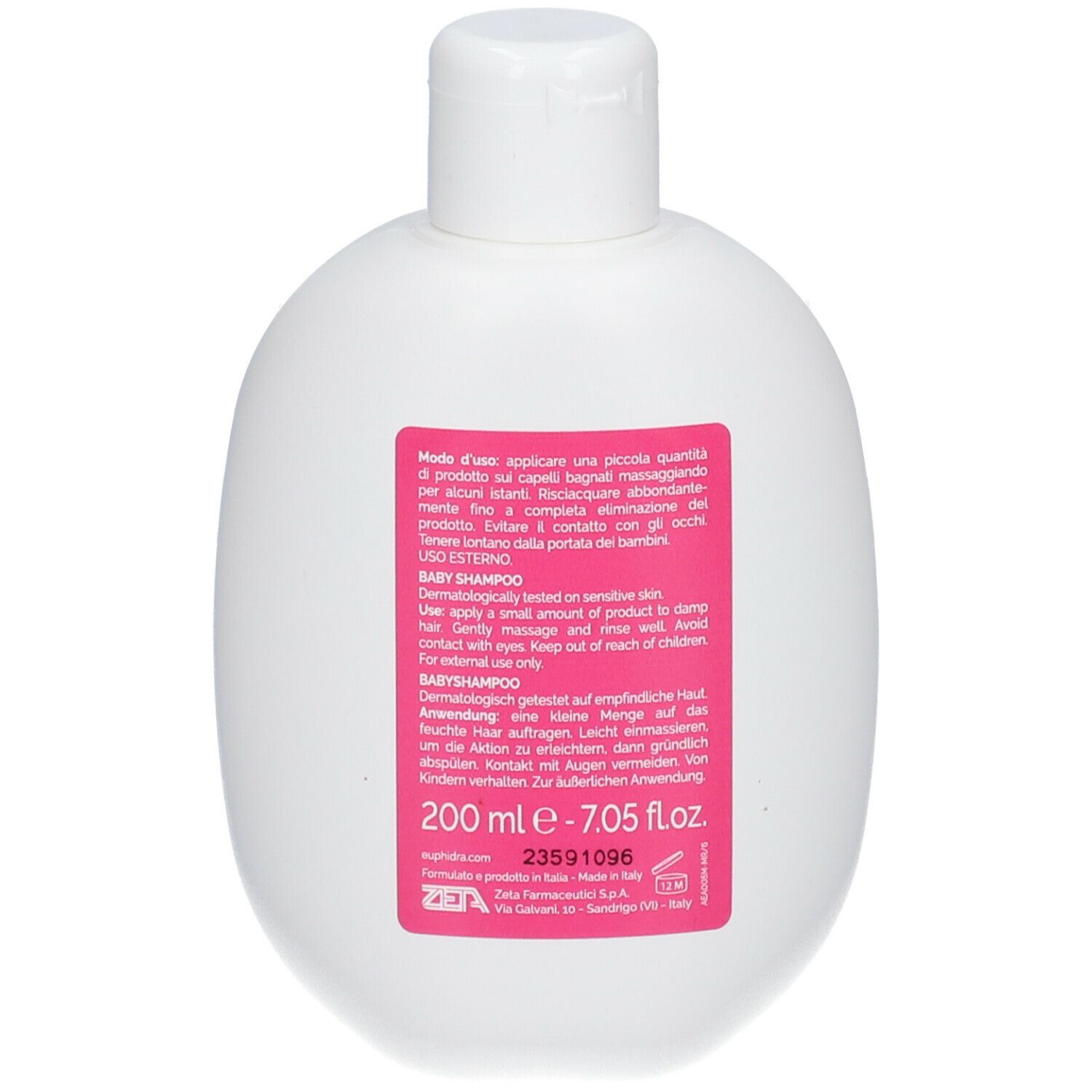 Retro del flacone di shampoo bianco. Testo multilingue. Scritta: Baby Shampoo. 200 ml - 7.05 fl.oz.