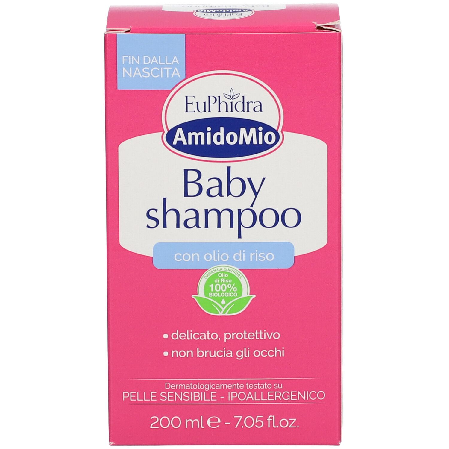 Confezione rosa. Scritta: Euphidra AmidoMio Baby Shampoo. Con olio di riso. 100% biologico. 200 ml - 7.05 fl.oz.