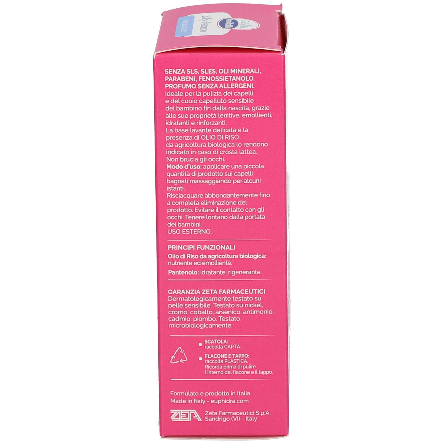 Confezione rosa. Testo multilingue. Scritta: Baby Shampoo. Senza SLS, SLES, olio minerale, parabeni.