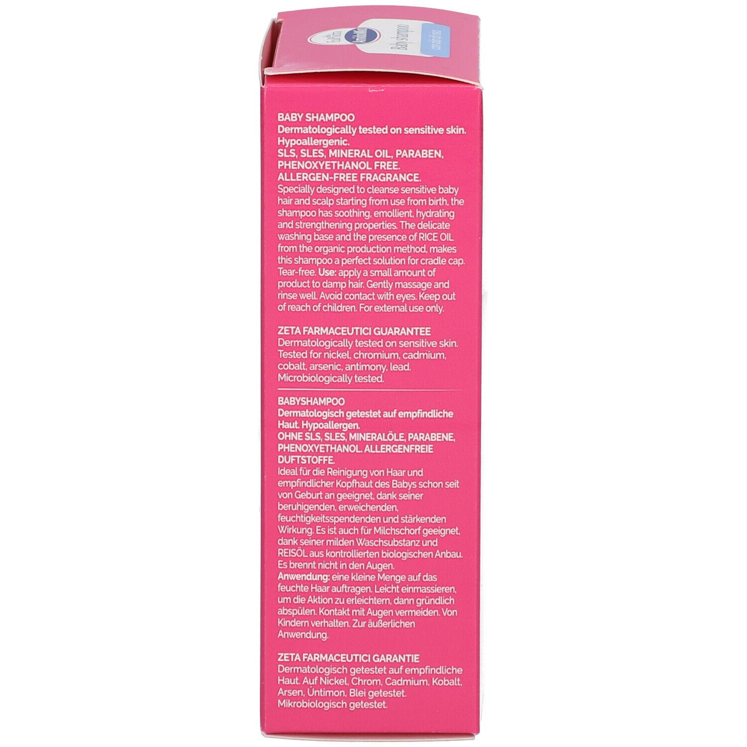 Confezione rosa. Testo multilingue. Scritta: Baby Shampoo. Dermatologicamente testato. Garanzia Zeta Farmaceutici.