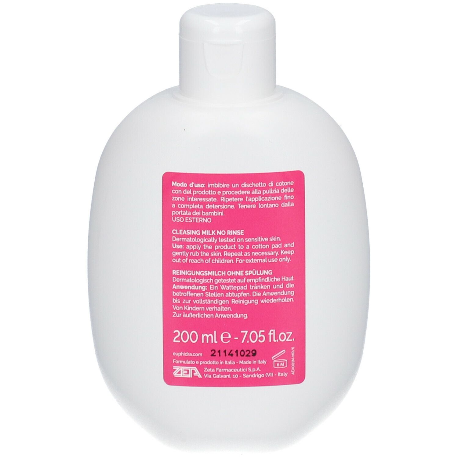 Retro flacone bianco EuPhidra AmidoMio. Testo: 200 ml - 7.05 fl.oz. Latte detergente senza risciacquo.