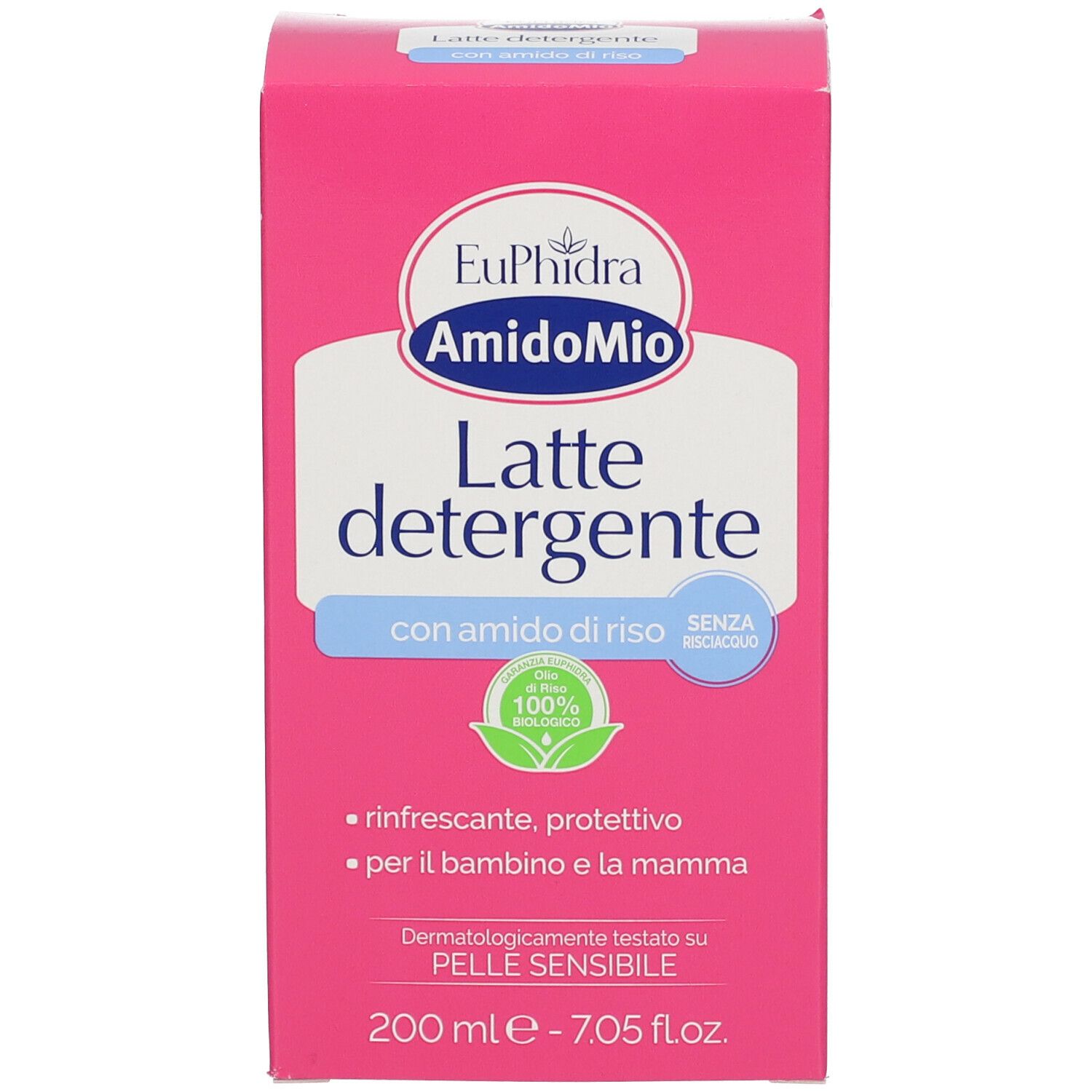 Scatola rosa EuPhidra AmidoMio. Scritta: Latte detergente, con amido di riso. 100% biologico. 200 ml.