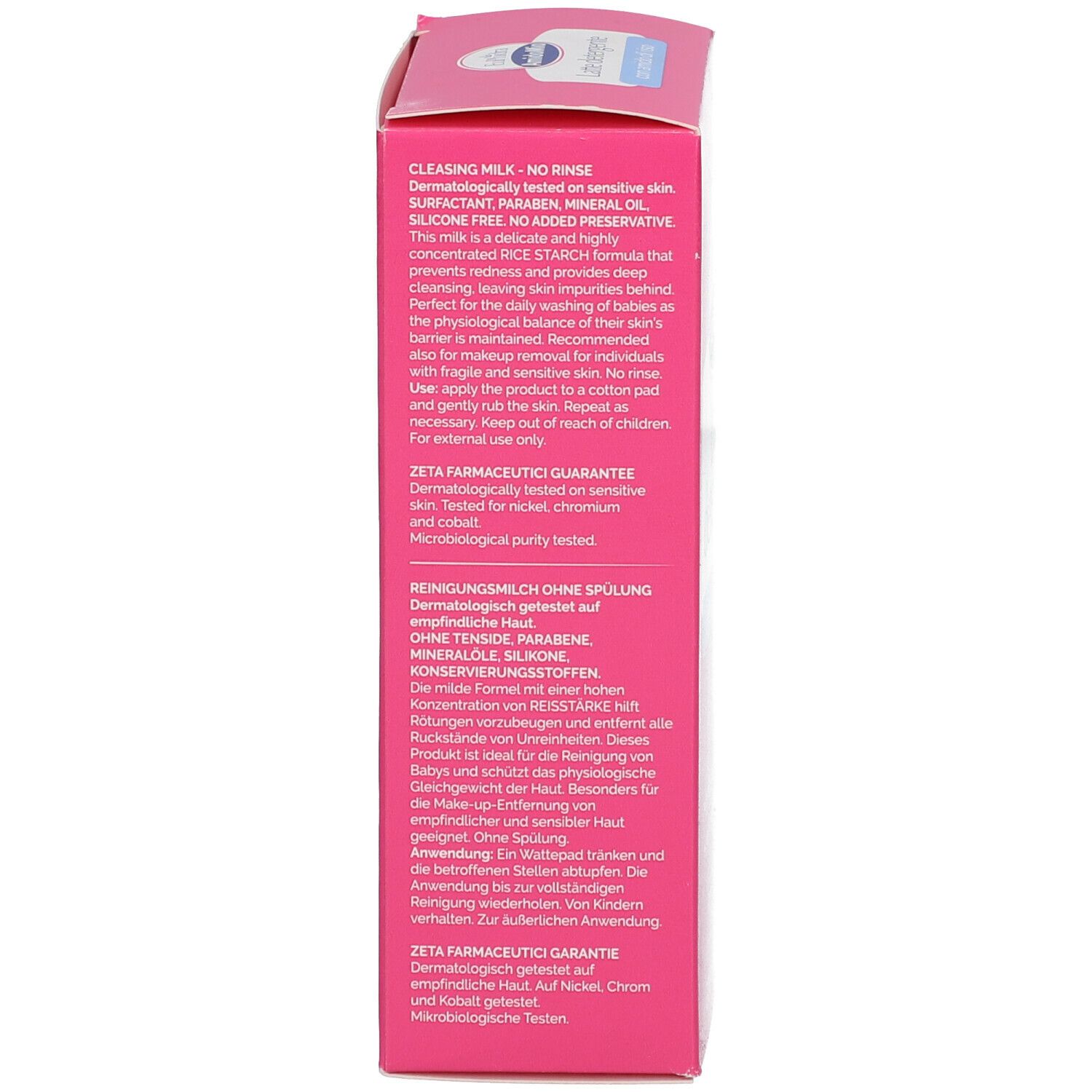 Retro scatola rosa EuPhidra AmidoMio. Testo: Latte detergente senza risciacquo. Garanzia Zeta Farmaceutici.
