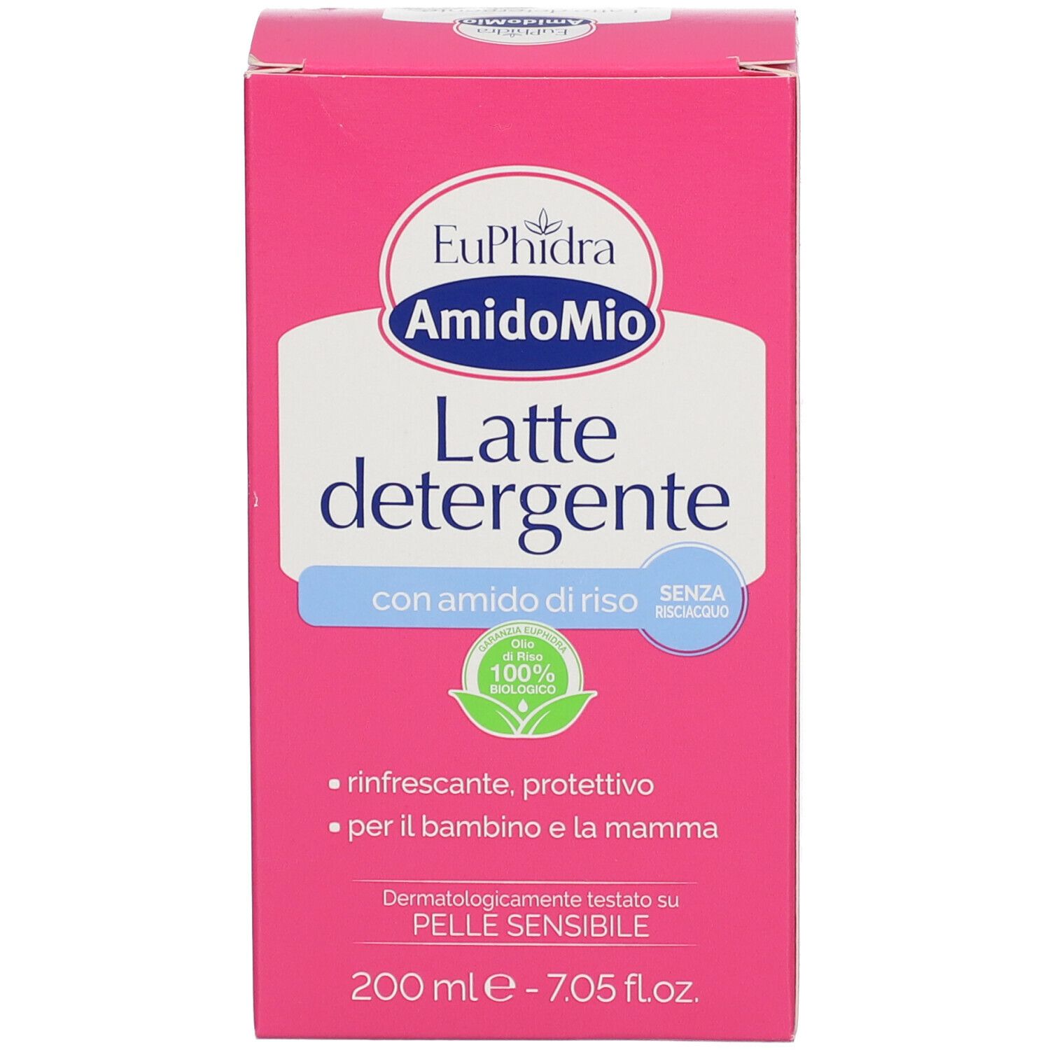 Scatola rosa EuPhidra AmidoMio. Scritta: Latte detergente, con amido di riso. 100% biologico. 200 ml.