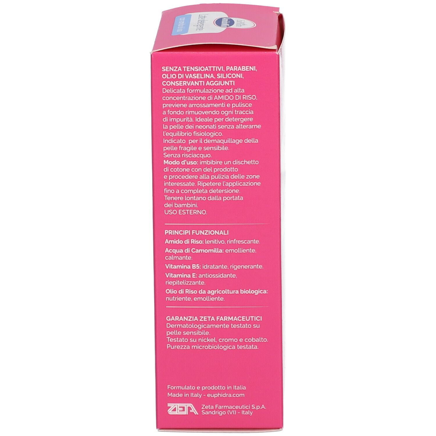 Retro scatola rosa EuPhidra AmidoMio. Testo: Ingredienti, uso, Garanzia Zeta Farmaceutici.