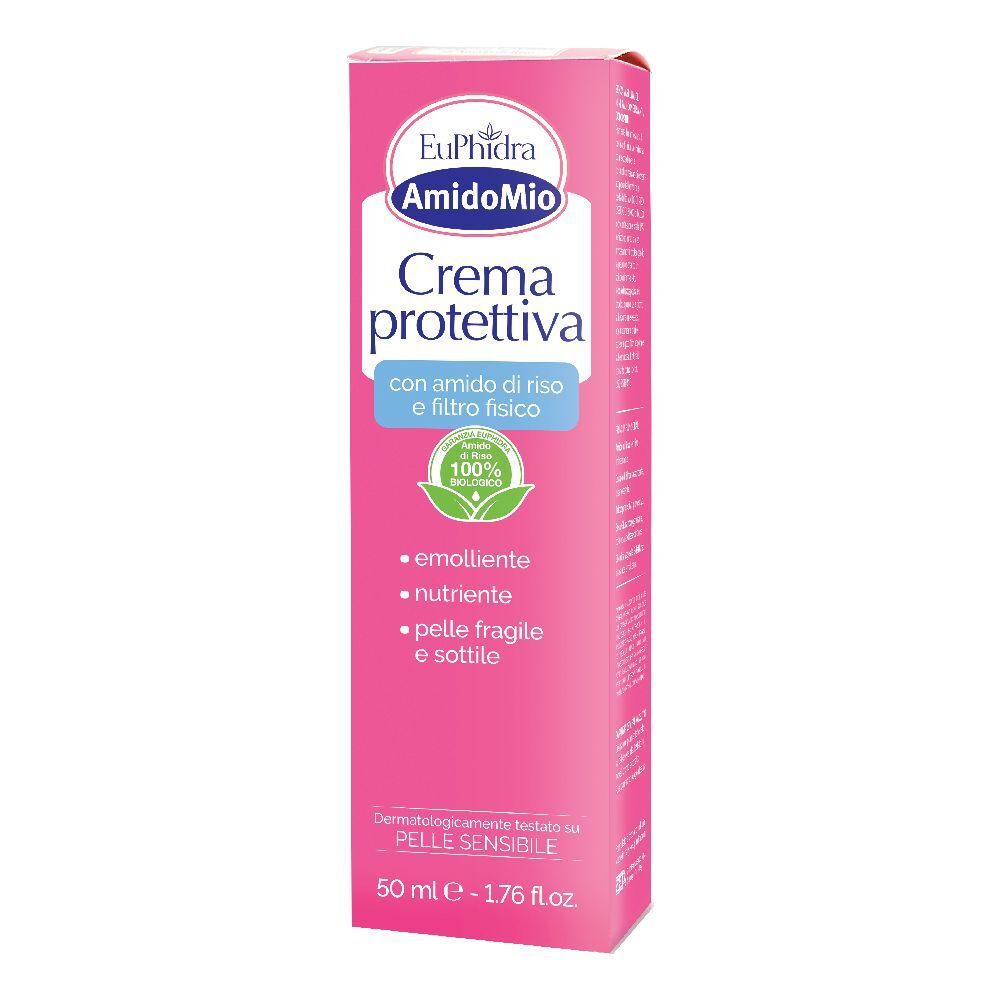 Confezione rosa. Contiene crema. Testo: Euphidra, AmidoMio, Crema protettiva, con amido di riso e filtro fisico. 100% biologico.