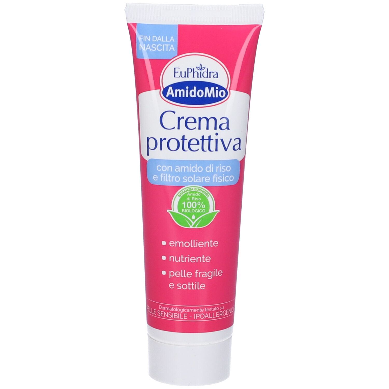 Tubo rosa con crema. Testo: Euphidra, AmidoMio, Crema protettiva, con amido di riso e filtro fisico. 100% biologico.